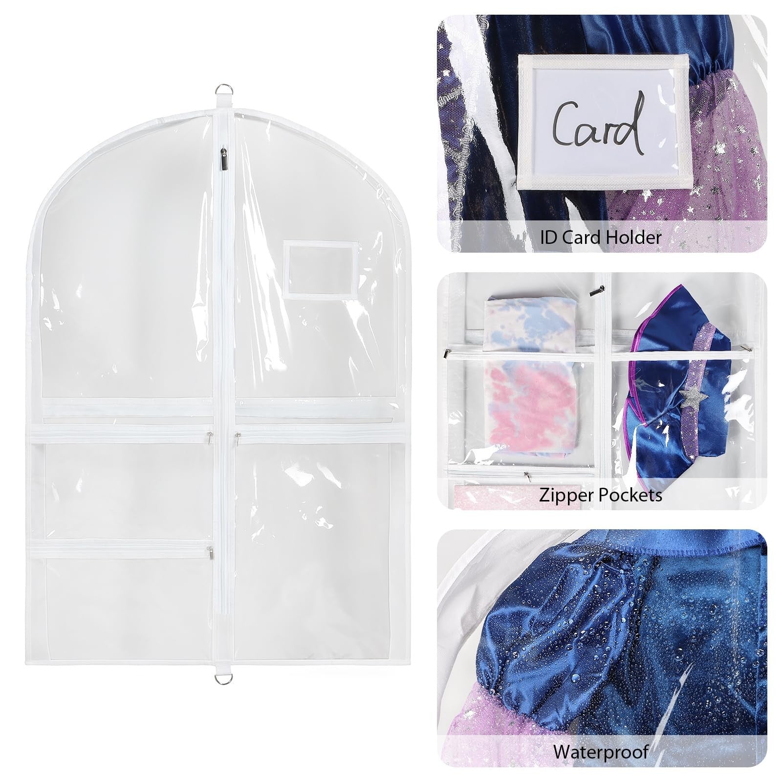 Univivi clear PVC dance costume bag, 35-inch garment bag for dance competitions, transparent with zipper closure and carrying handle.
