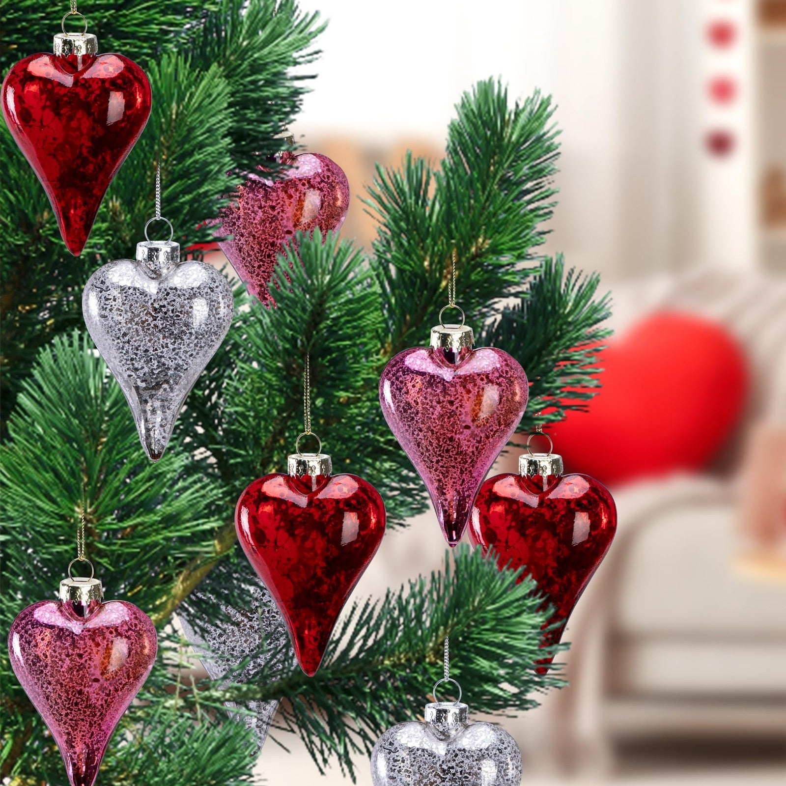 LFUTARI 12-pack of 3.5-inch antique red glass heart ornaments for Valentine's Day display or decoration.