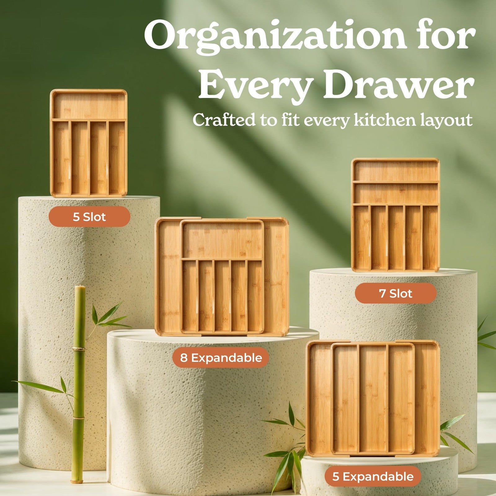 Silverware drawer organizer by Smirly, made of bamboo with adjustable compartments for kitchen drawer organization.