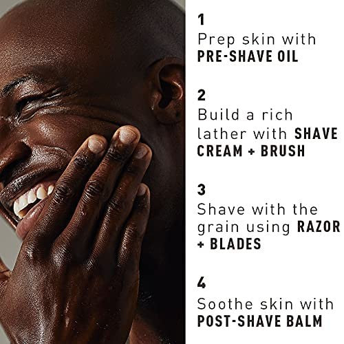 Bevel men's shaving kit with pre-shave oil, shaving cream, and after shave balm, displayed on a white background.