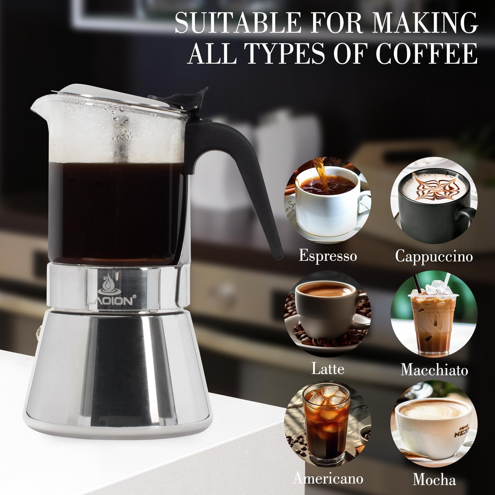 LAOION 3-cup stovetop espresso maker with stainless steel body and glass top, designed for brewing rich moka coffee.