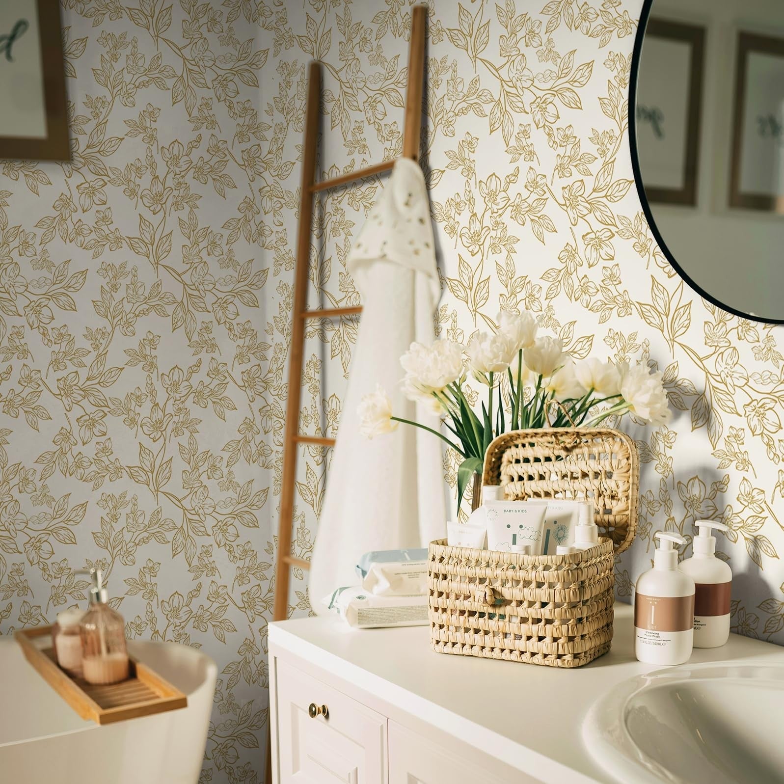 Ismoon floral wallpaper peel and stick contact paper featuring vintage beige and gold flower design for interior decor.