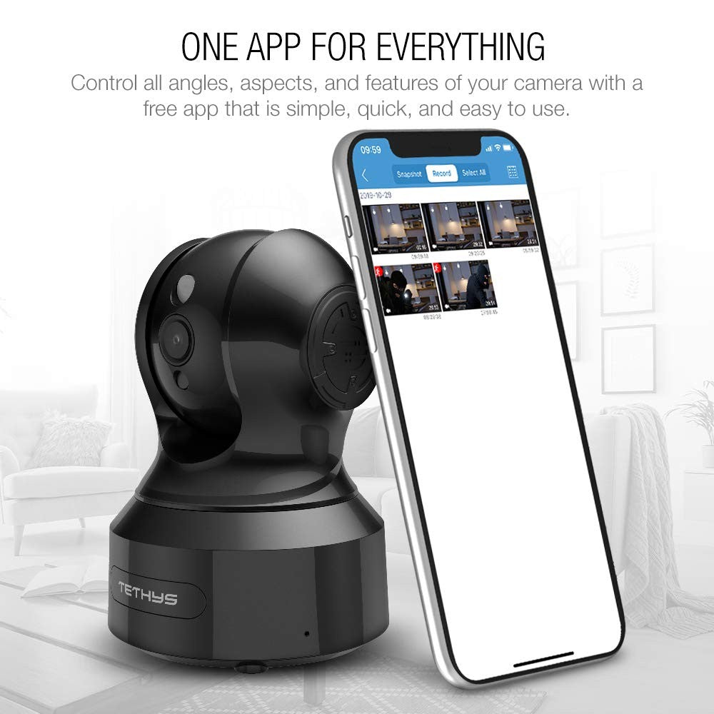 TETHYS Wireless Security Camera 1080P indoor with pan/tilt, WiFi, and Alexa compatibility, showing camera lens and rotation features.