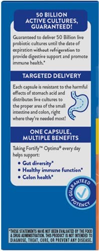 Nature's Way Fortify Optima probiotic bottle showing label with 50 billion live cultures for men and women.