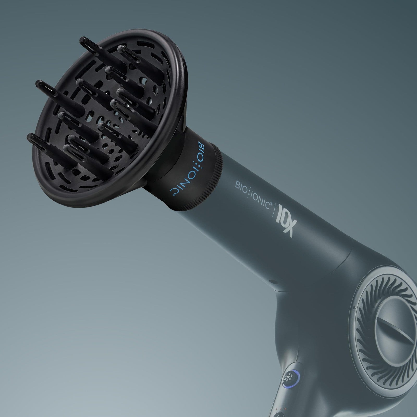 Bio Ionic universal hair diffuser attachment for fast-drying, frizz control on compatible Bio Ionic hair dryers.