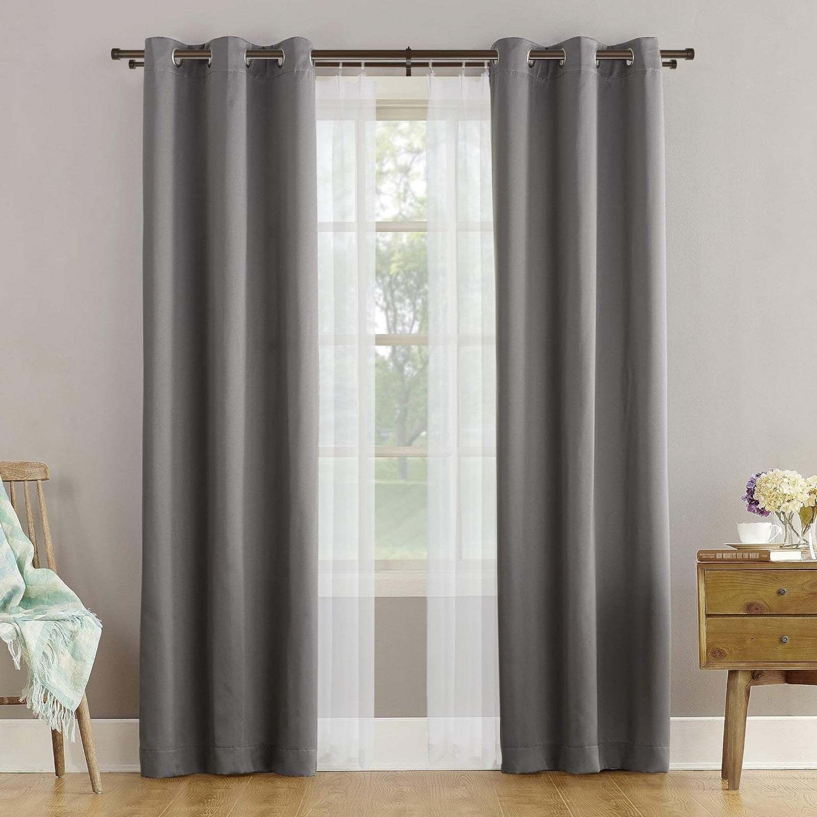 Lwiiom double curtain rods with dark bronze aluminum brackets, adjustable 72-144 inches, modern round design