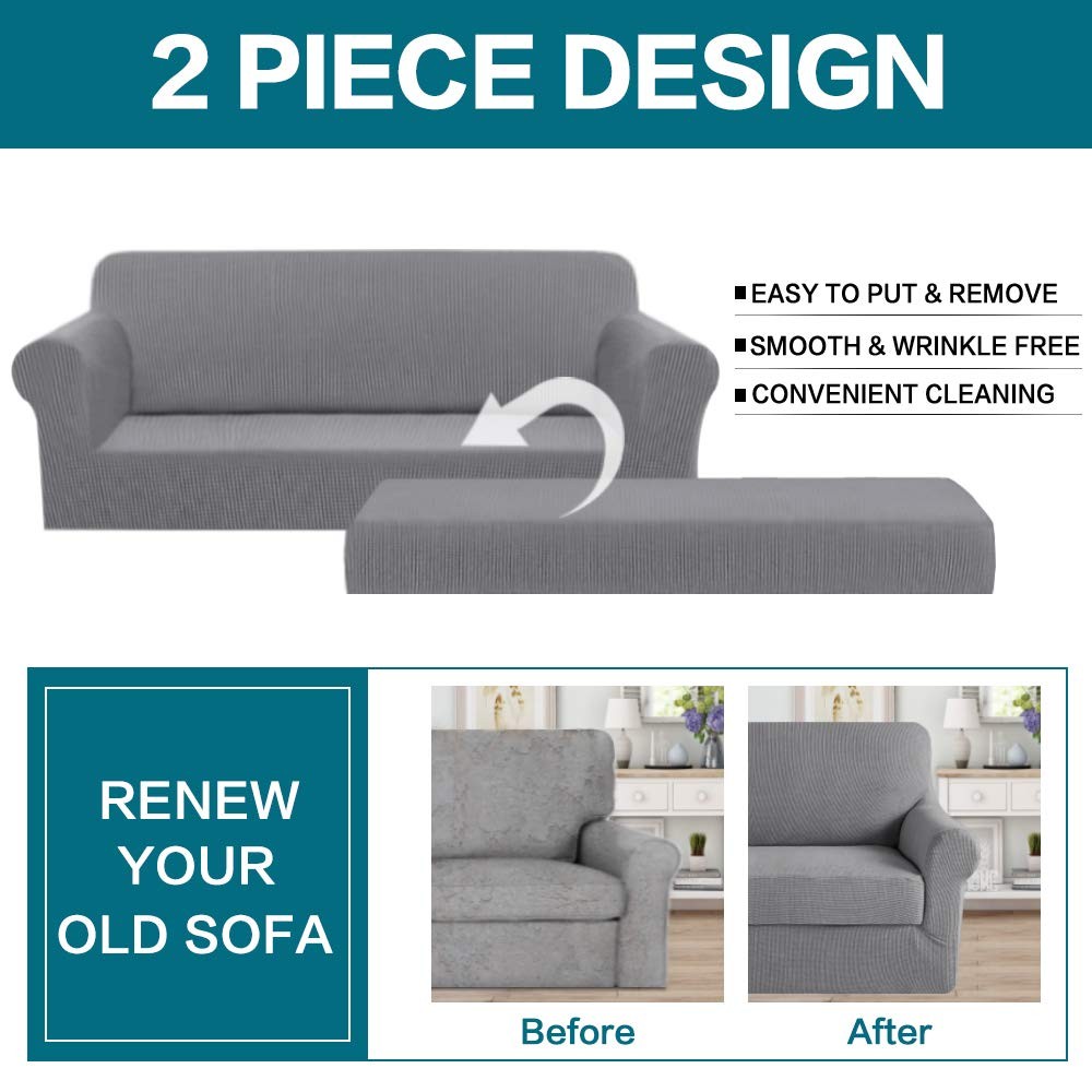 Turquoize stretch sofa slipcover with two-piece design for 3-cushion couch, made of soft, durable fabric to protect and refresh your furniture.