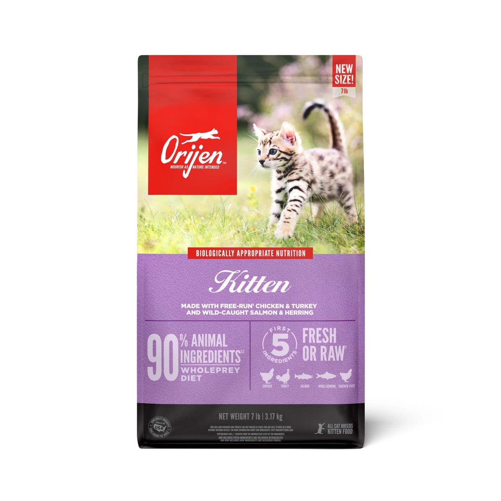 Bag of ORIJEN Grain Free High Protein Premium Dry Cat Food Kittens Recipe, 7lb, featuring a colorful label and cat imagery.