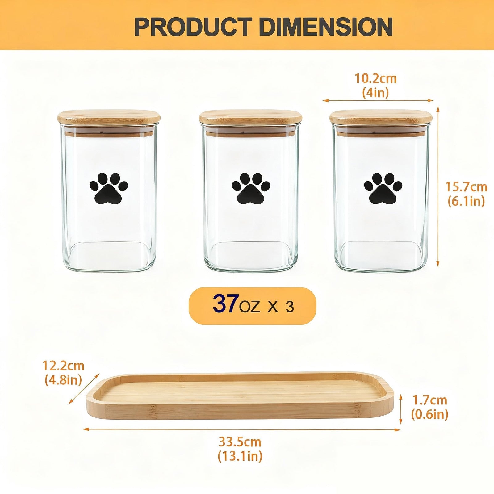 Set of three clear Brabtod glass dog treat jars with bamboo lids, showcasing their sleek, durable design for storing pet treats.