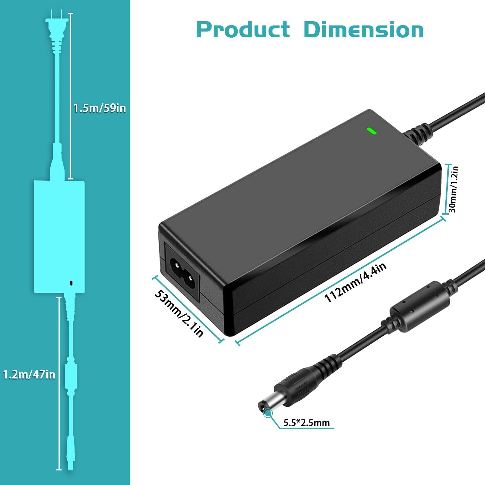 Mareisa security camera power supply adapter, 12V 5A CCTV camera power adapter with plug and cable connection.