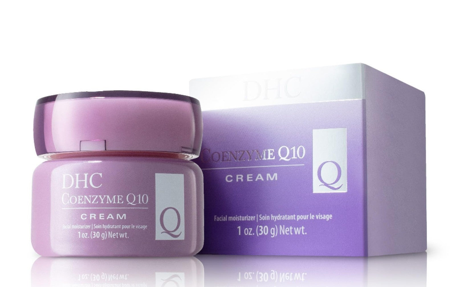 DHC Q10 Cream age-defying moisturizer for dry skin in 1.7 oz jar, showing the cream's smooth texture and packaging.