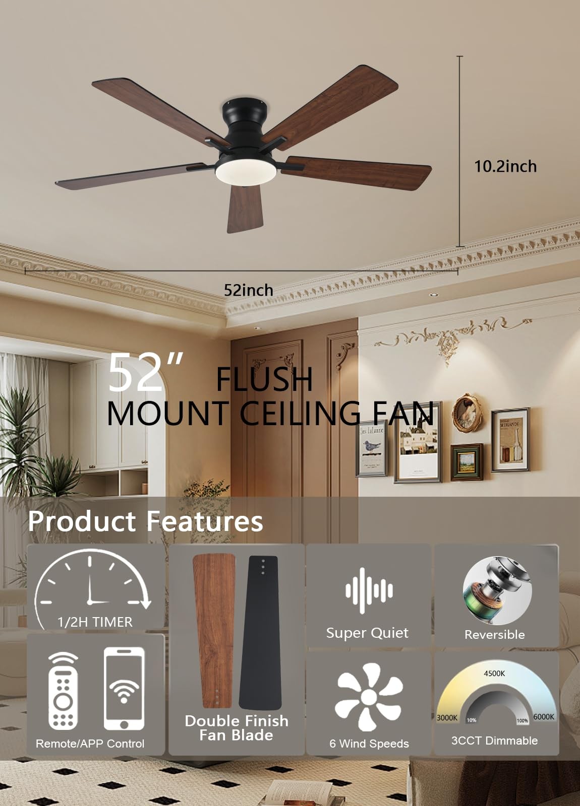 JSAITEE 52-inch ceiling fan with integrated light, remote control, and app compatibility, shown with blades and light fixture.
