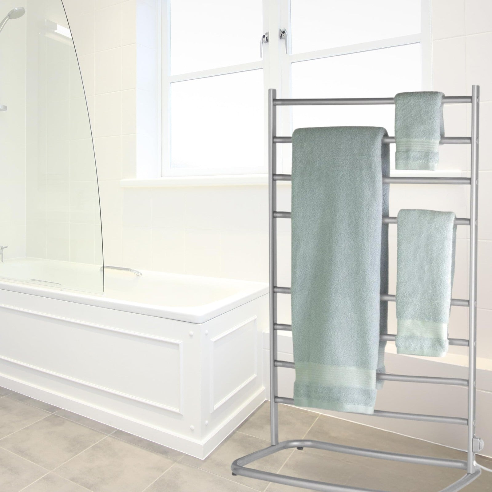 Warmrails Hyde Park towel warmer rack, free-standing towel drying and heating stand with multiple bars for towels.