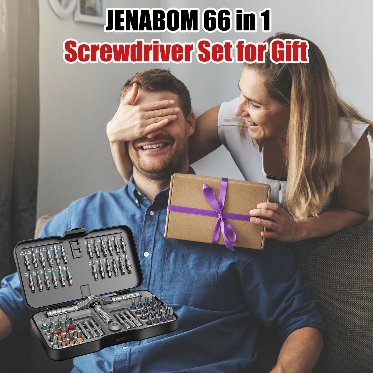 JENABOM 66-in-1 magnetic screwdriver set with various bits and ratchet handle, ideal for DIY repair and electronics projects.