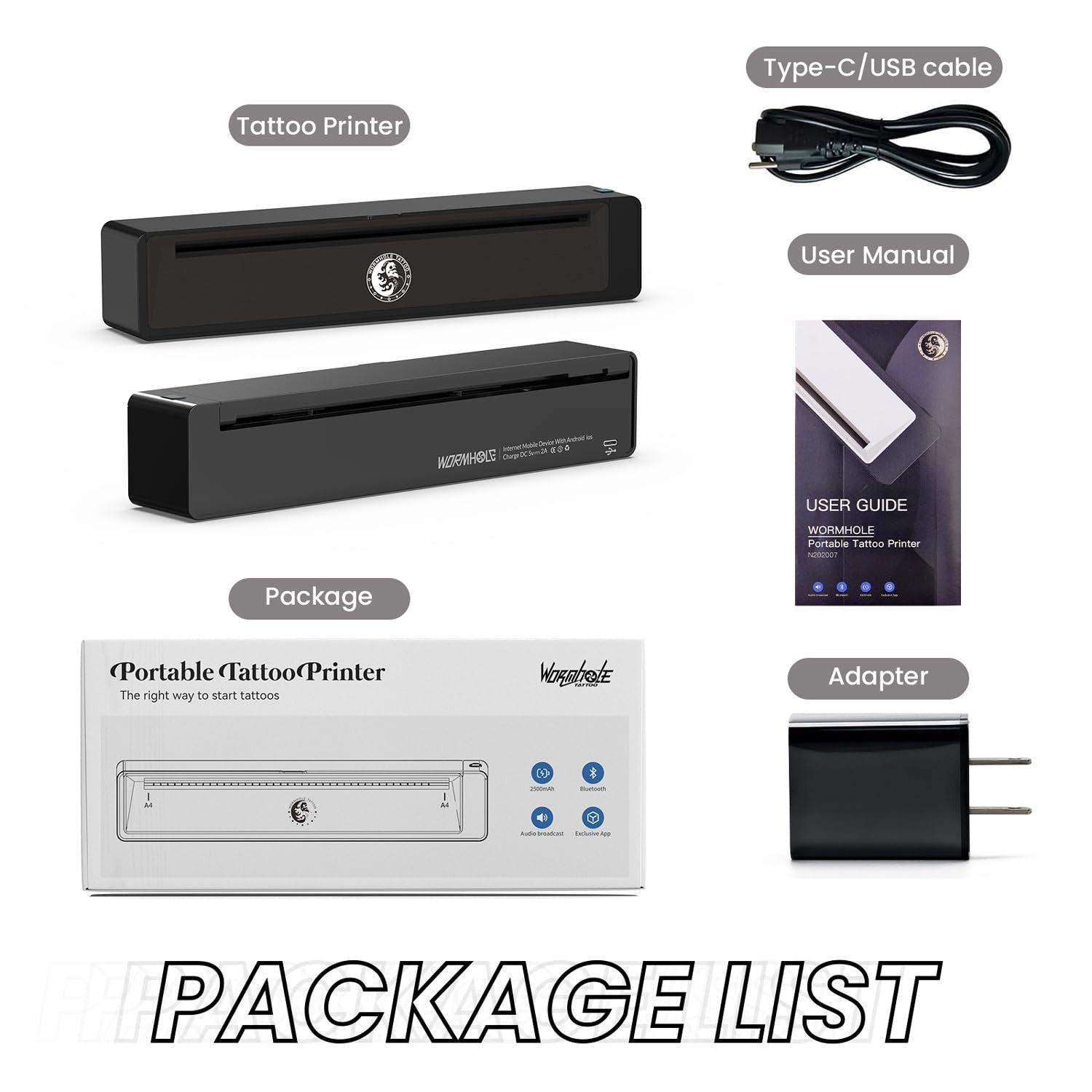 Wormhole Tattoo Stencil Printer with wireless Bluetooth, portable design, 2,500mAh battery, compact tattoo stencil machine in black