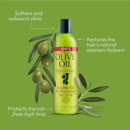 ORS Olive Oil Professional Incredibly Rich Oil Moisturizing Hair Lotion in a 23-ounce bottle, featuring a smooth, nourishing formula.