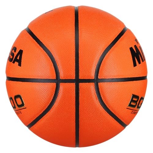 Mikasa BQ1100 competition basketball in orange, official size, with textured surface and black grip lines for indoor play.