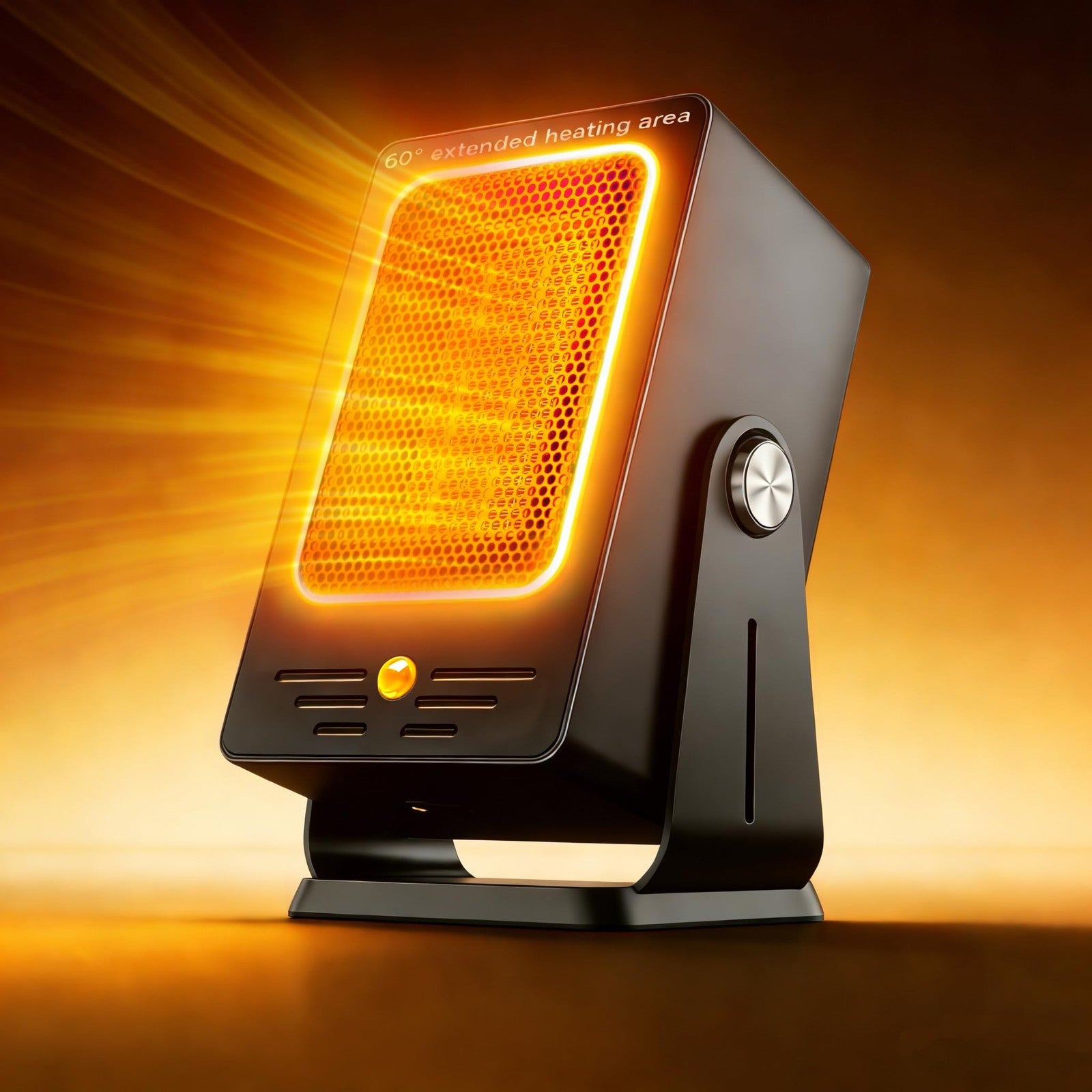 Verminget space heater for indoor use, small desktop PTC heater with digital controls and visible heating element.