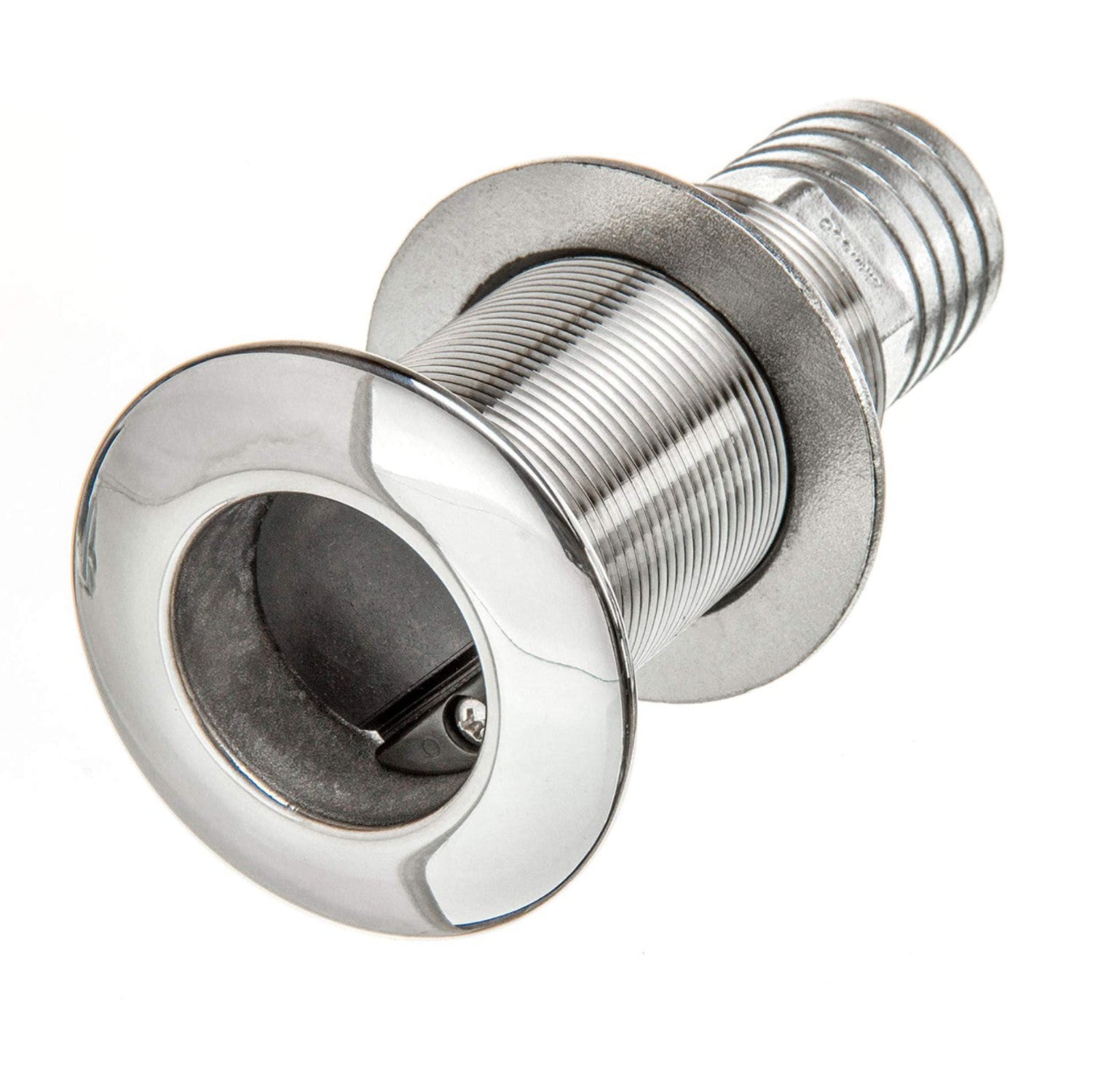 Attwood stainless steel 1 ½-inch self-bailing cockpit scupper with barbed design for boat drainage and water management.