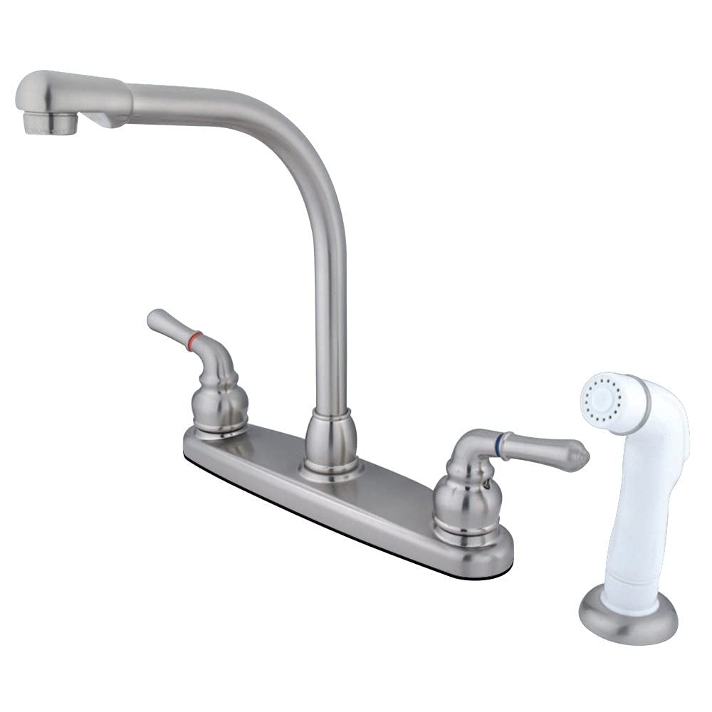 Kingston Brass KB758 high arch kitchen faucet with white sprayer, 7-inch brushed nickel finish, featuring a modern design and single handle