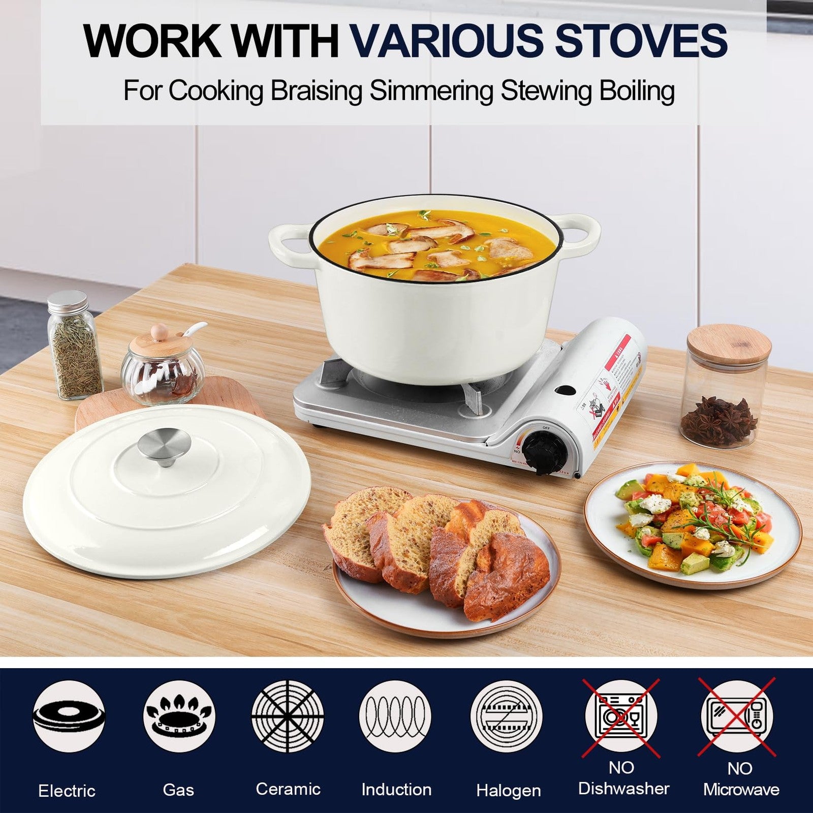 P&P CHEF 6QT enameled cast iron Dutch oven with lid, suitable for baking bread and slow cooking, in vibrant red color.