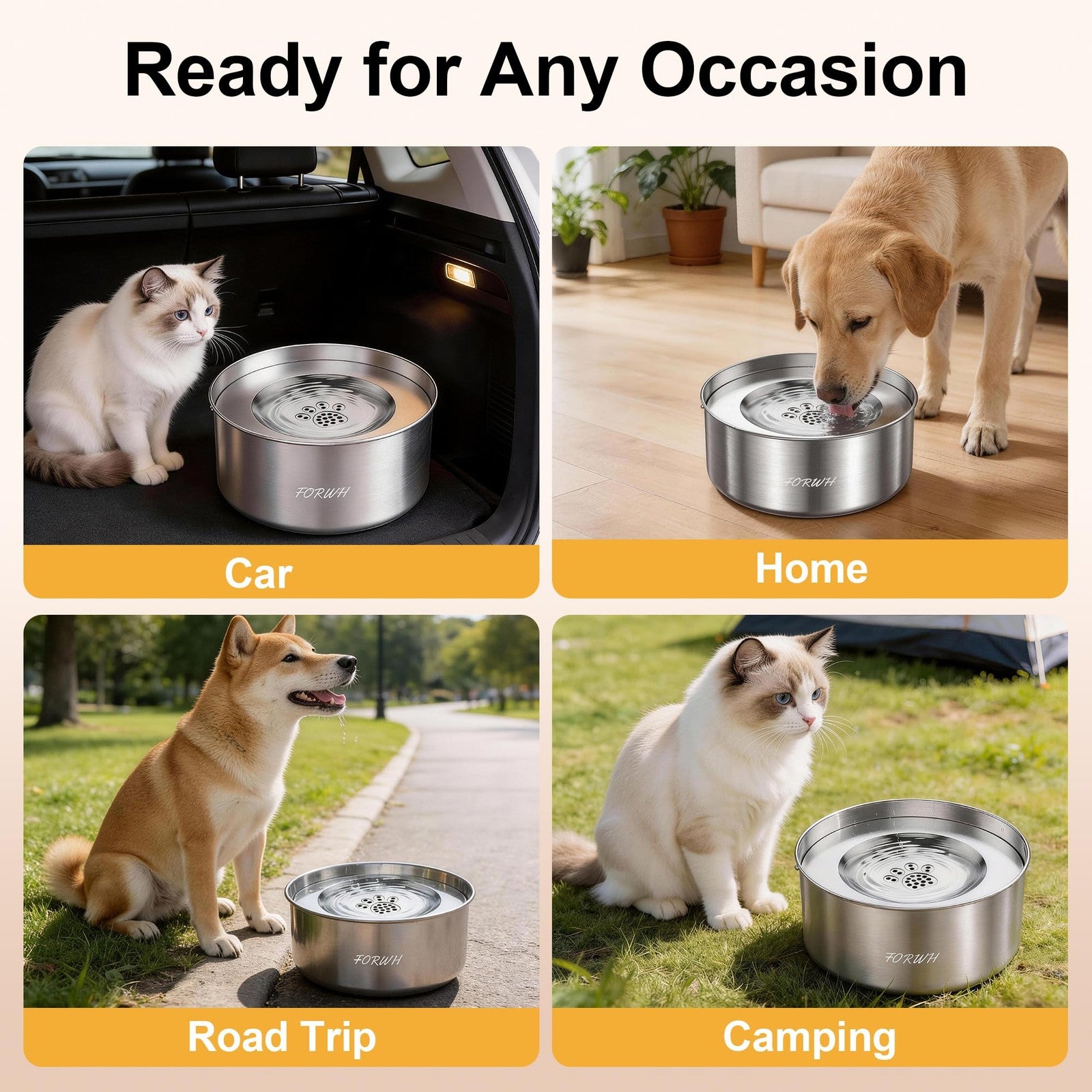 Stainless steel FORWH dog water bowl with no spill design, large 101oz (3L) capacity for pets, showing water inside on a wooden surface.
