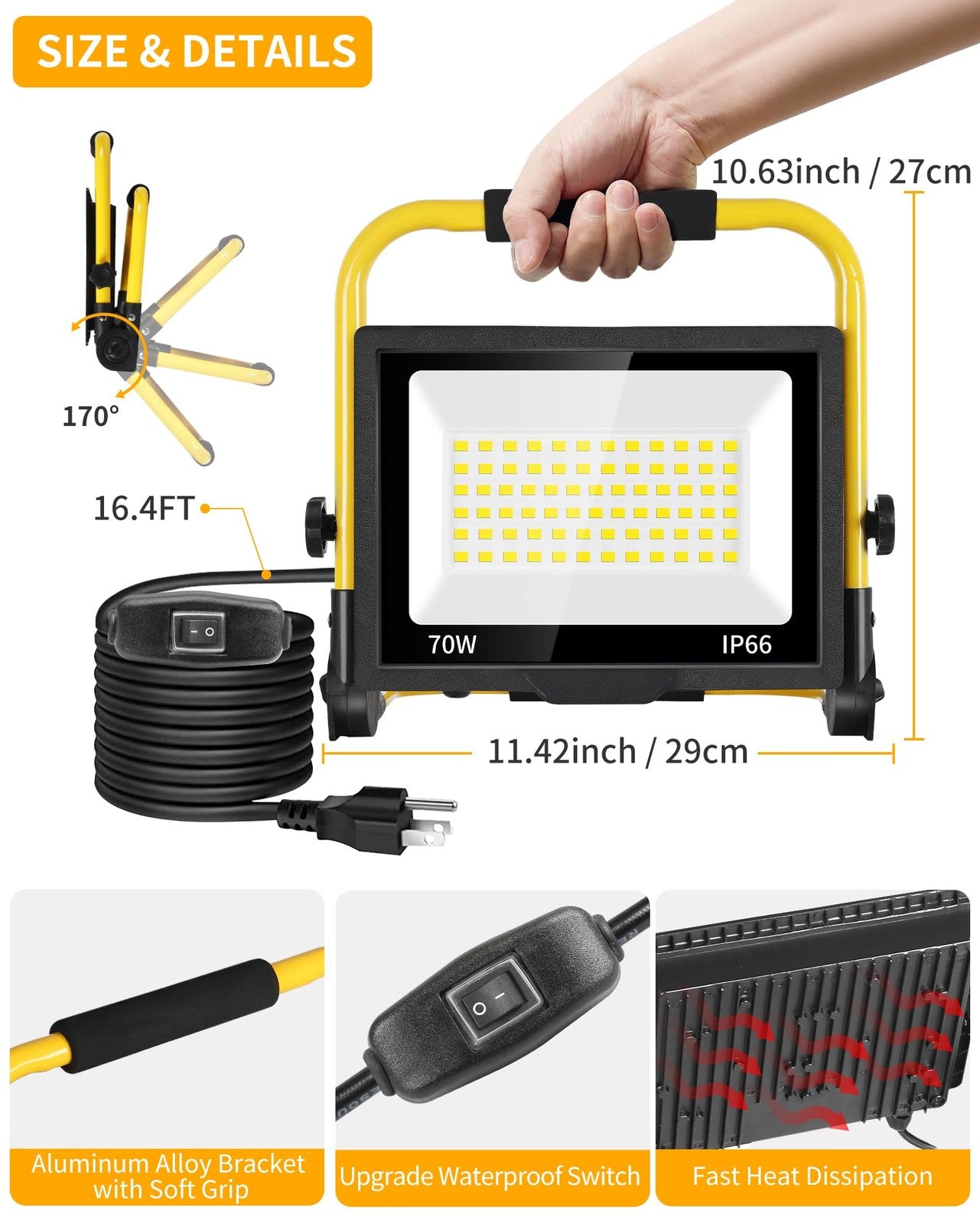 ISUERFY 8400LM 70W LED work light with 16ft cord, switch, outdoor floodlight, IP66 waterproof for construction or outdoor use