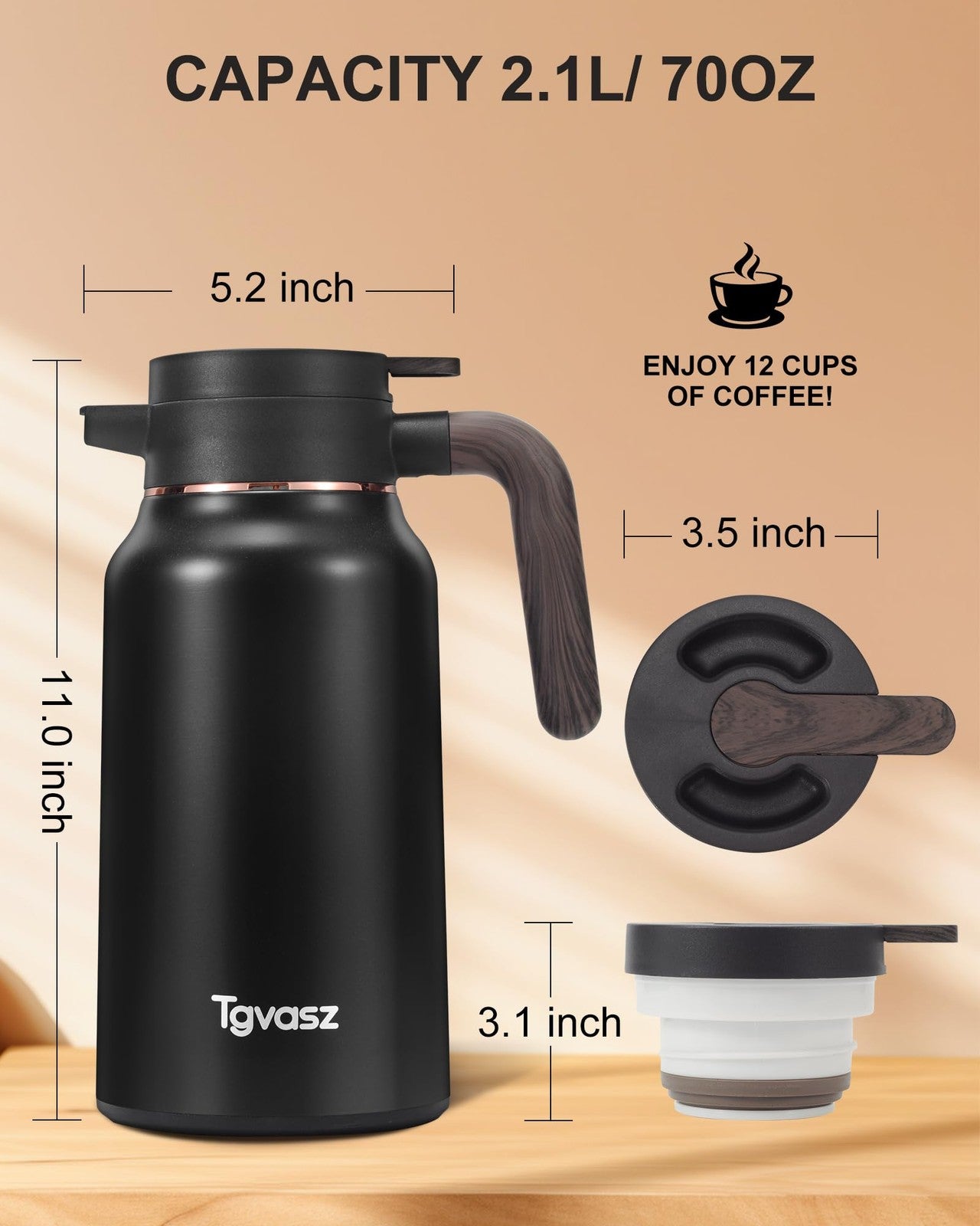 Two 70 oz stainless steel thermal coffee carafes by Tgvasz with a polished finish, designed to keep coffee hot for 36 hours.