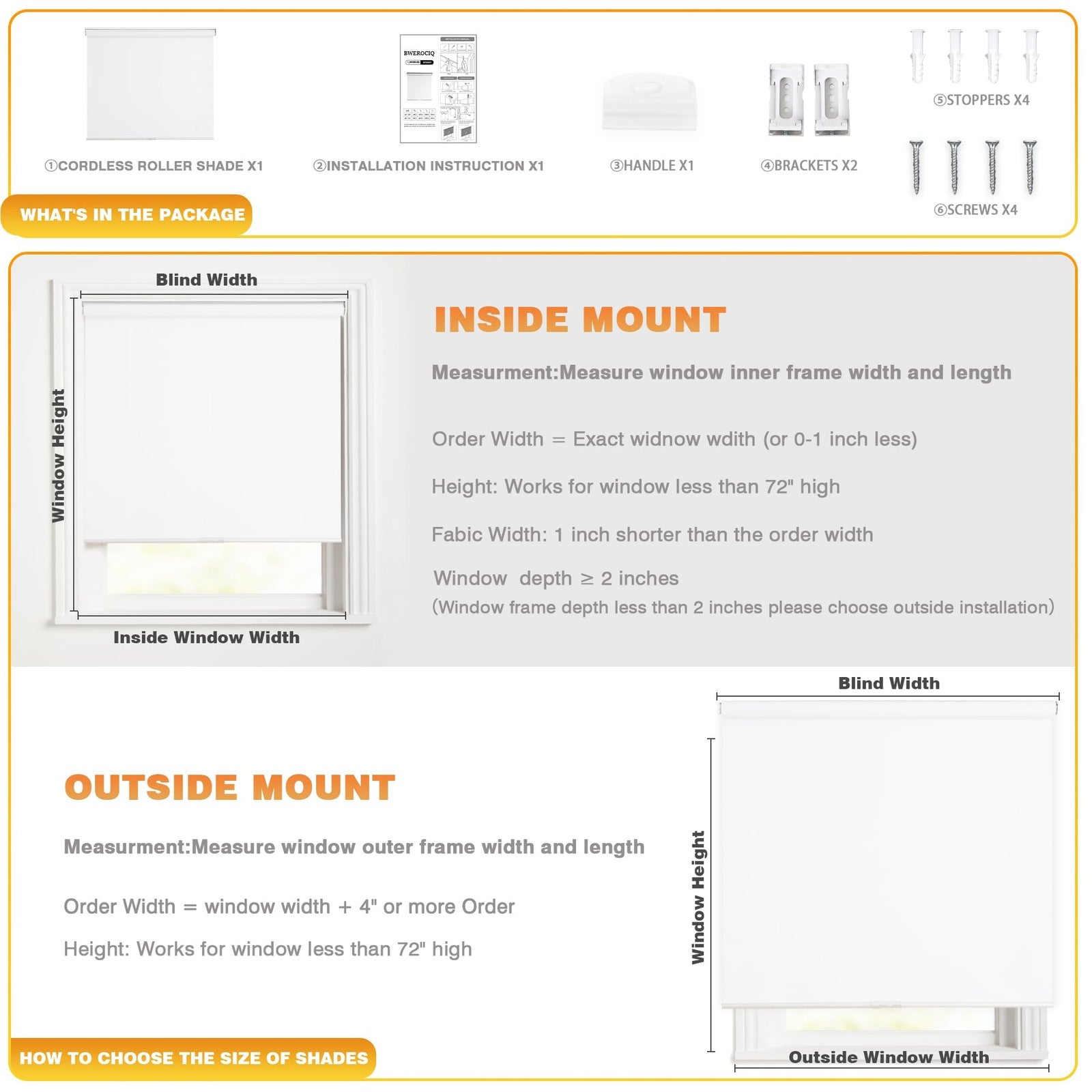 Blackout roller shades for windows by BWEROCIQ, cordless and thermal insulated blinds with free-stop mechanism.