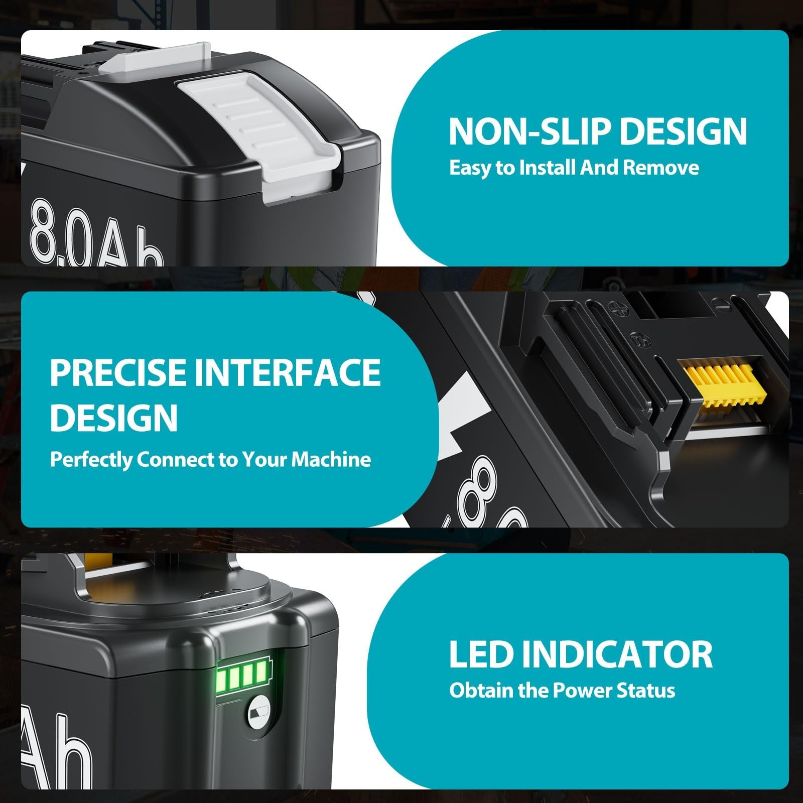 TURPOW 8.0Ah replacement battery for Makita 18V power tools with double rapid charger, shown with the charged battery and charger.