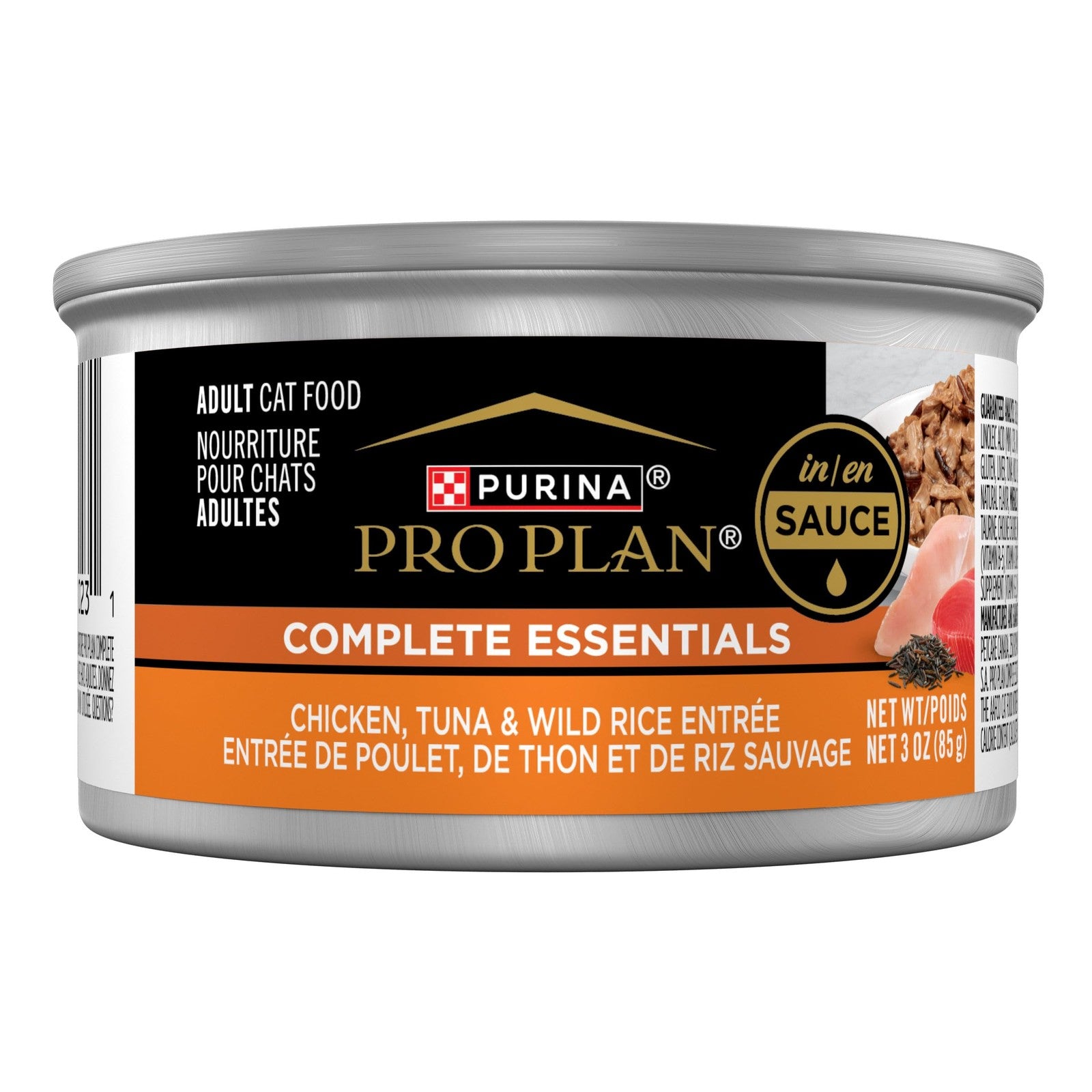 Canned Purina Pro Plan wet cat food with chicken, tuna, and wild rice in sauce, showing the food served in a bowl.