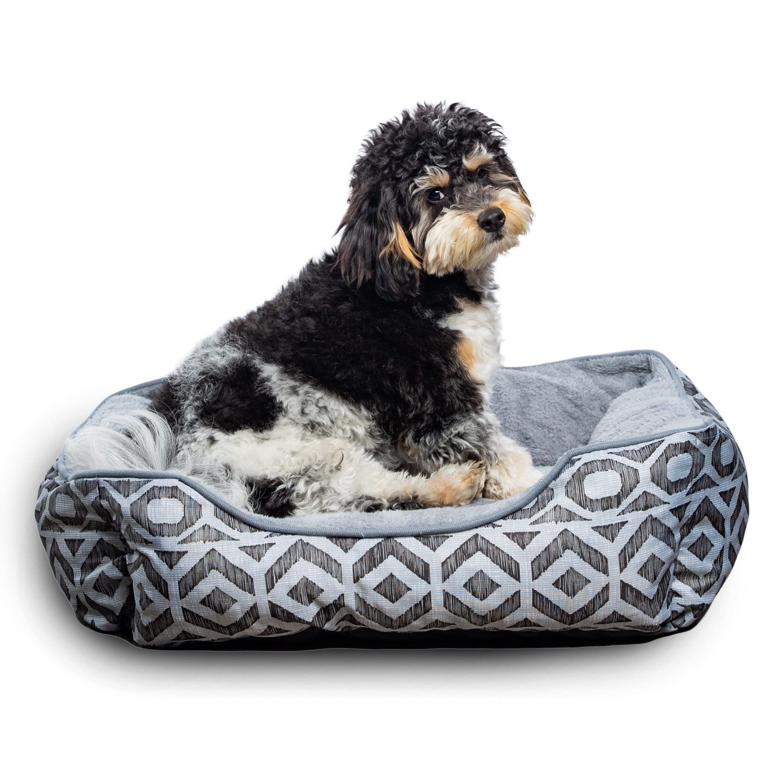 Modern Threads luxury dog bed in oxford printed plush, cozy cuddler for small to medium dogs, featuring stylish, comfortable design.