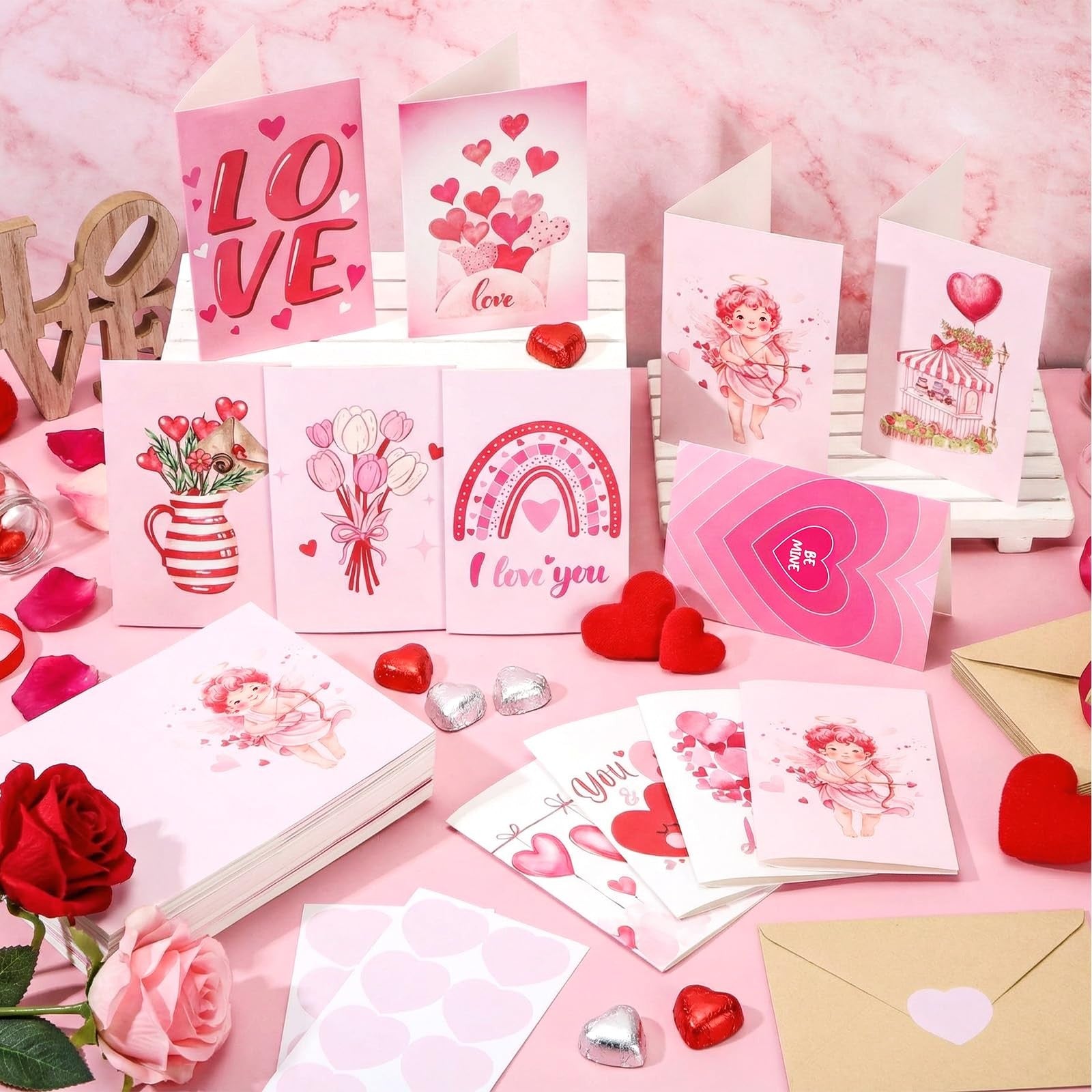 Tenceur 240 sets pink Valentine greeting cards with envelopes featuring love heart designs, perfect for Valentine's Day celebrations.