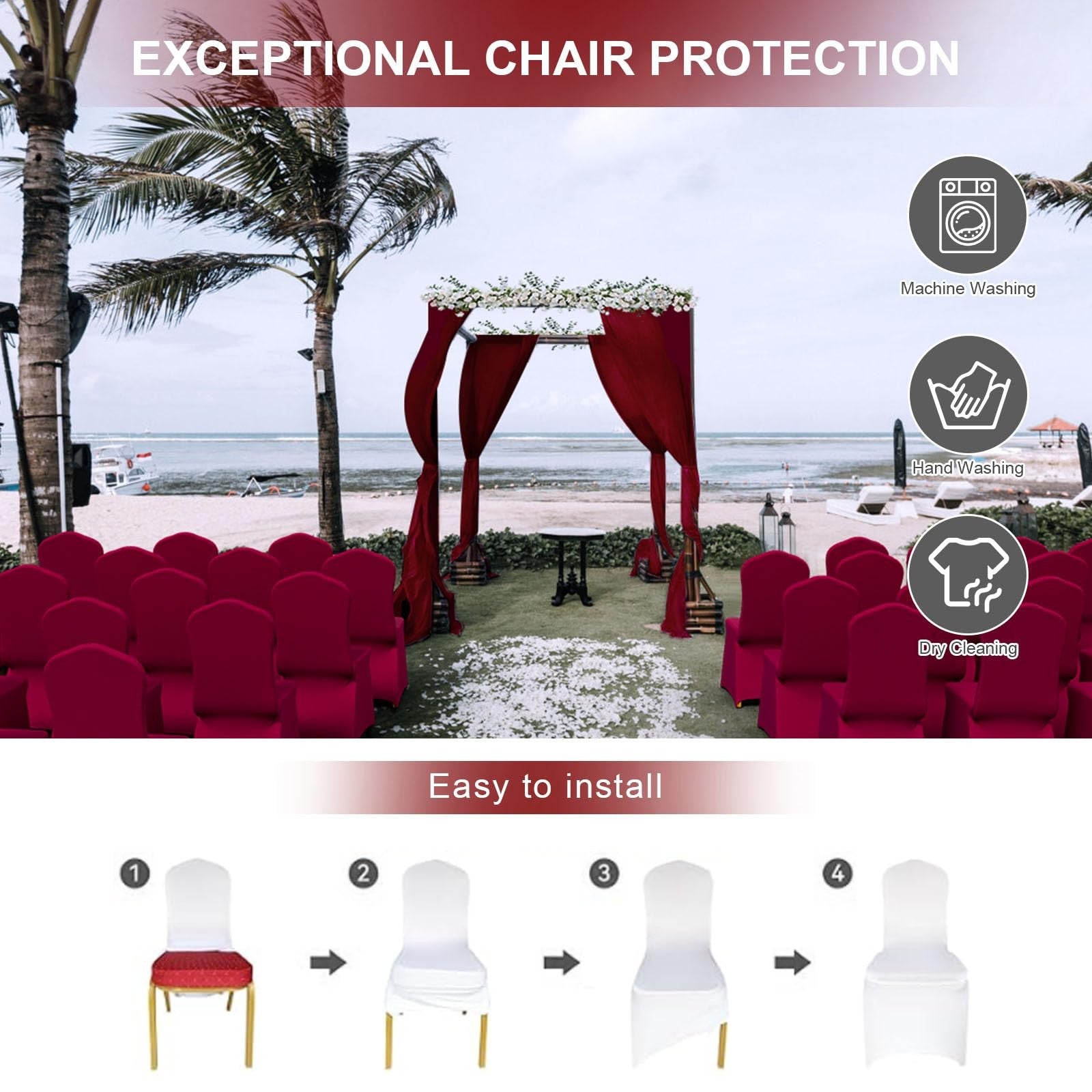 Set of 30 Trlyc spandex chair covers for dining chairs, stretch polyester material, fitting various chair sizes and shapes.