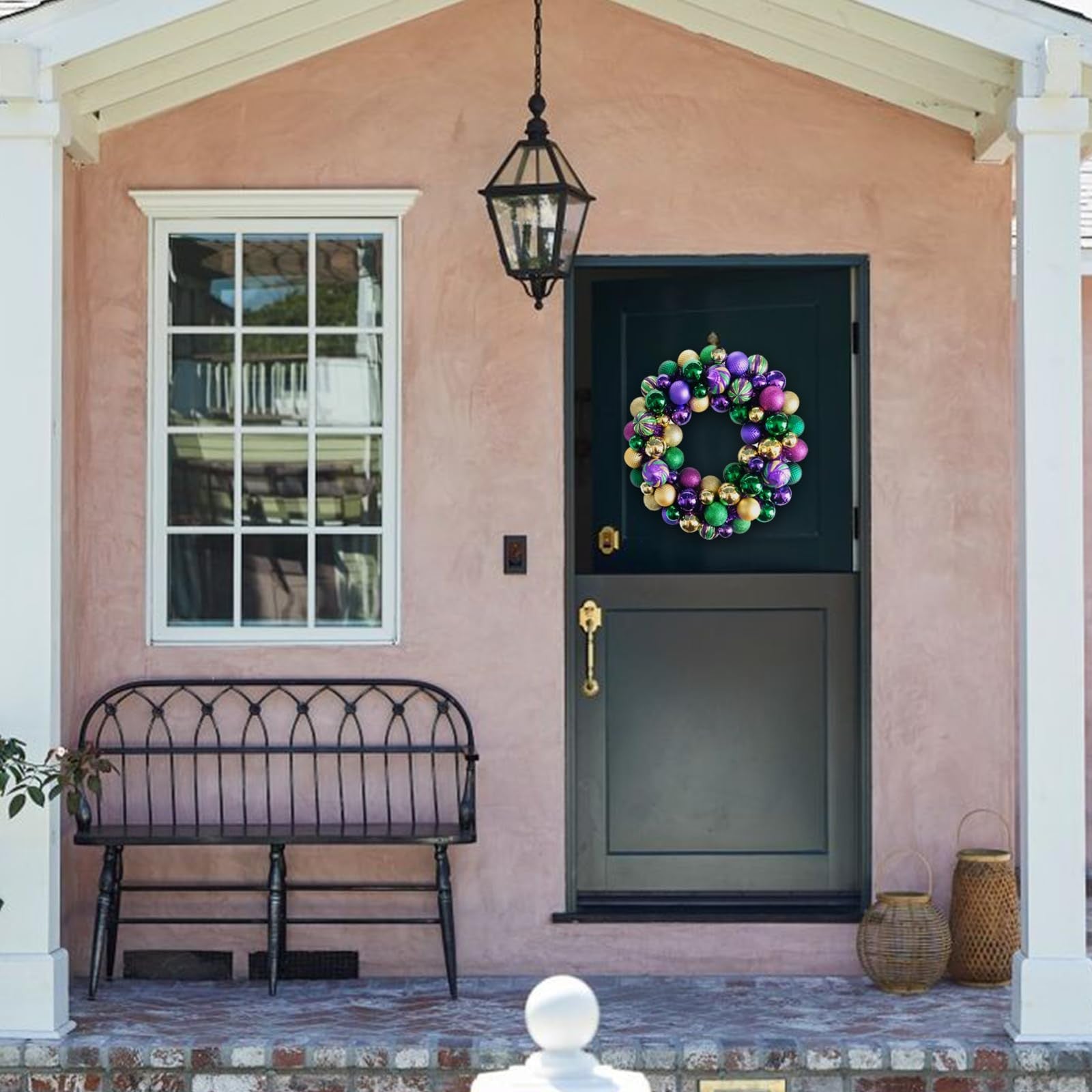 Bibelot Mardi Gras wreath with colorful balls and decorative accents for front door decoration, 18 inches diameter.