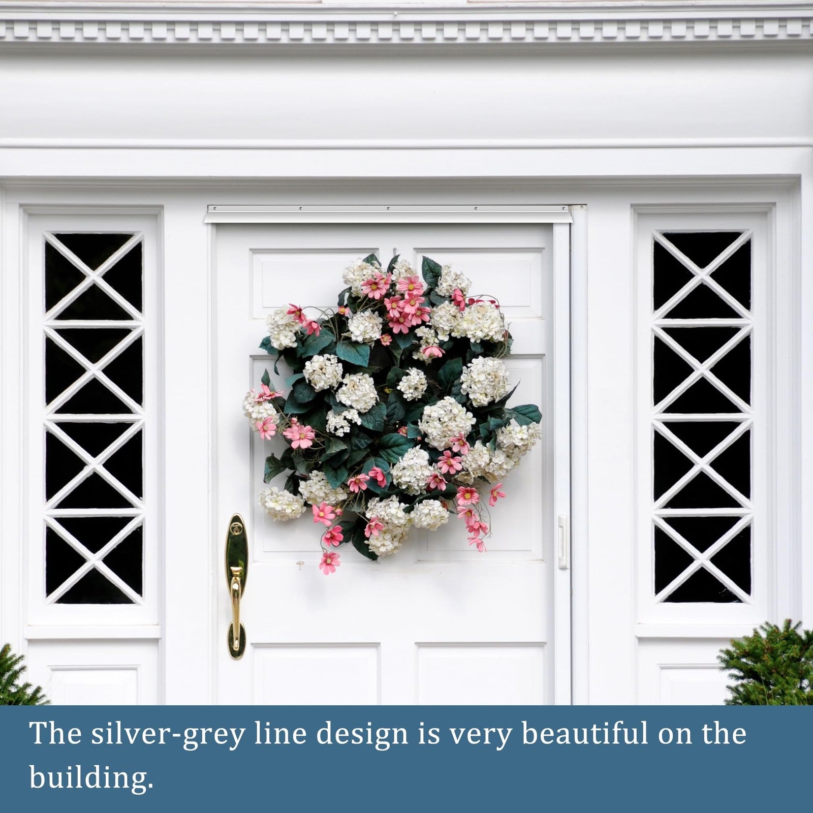 Two 51-inch anodized aluminum door drip caps with rain guard edges and weatherstripping, designed for weather protection.