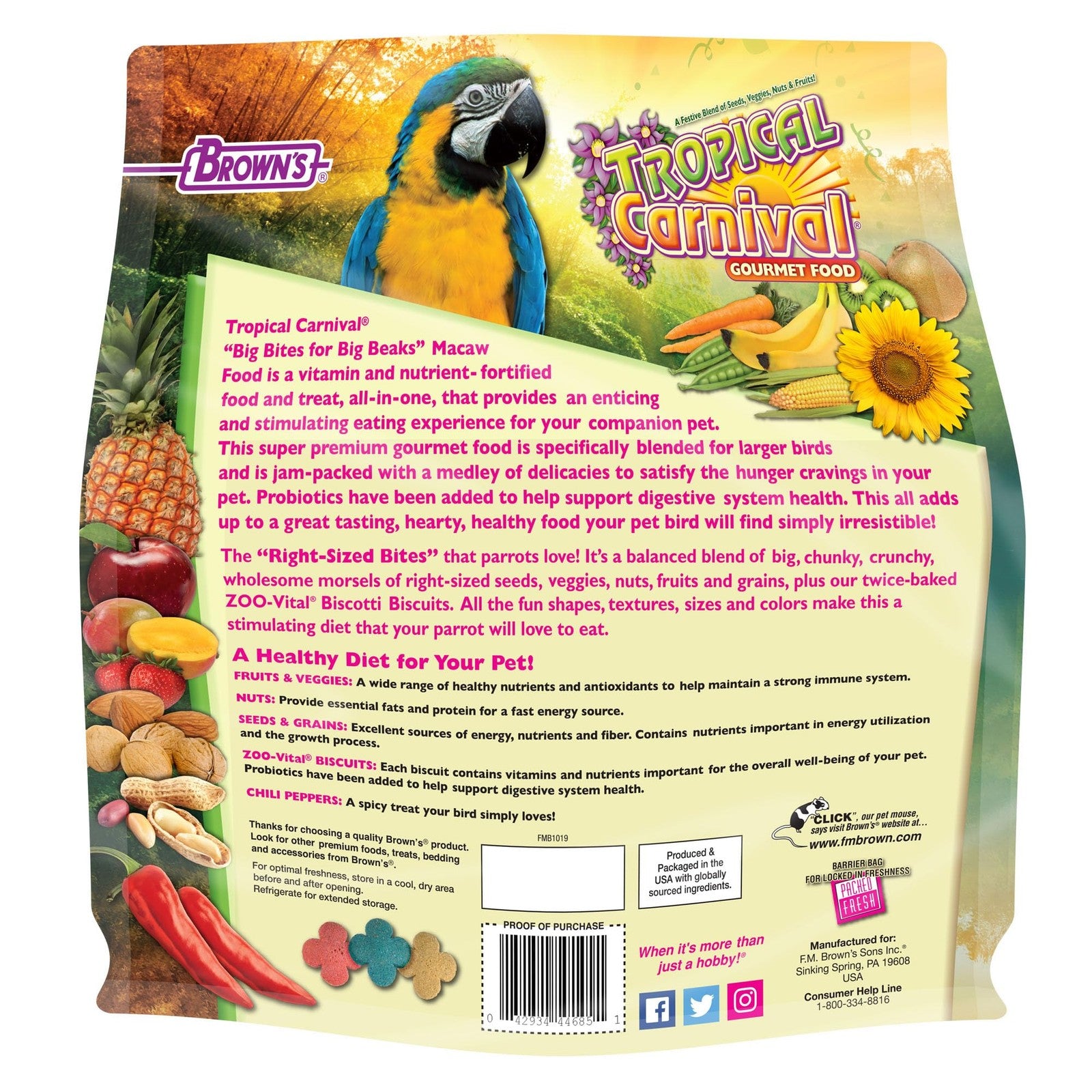 F.M. Brown's Tropical Carnival Gourmet Macaw Food Big Bites in a 5 lb bag, featuring colorful, nutritious bird food for macaws.