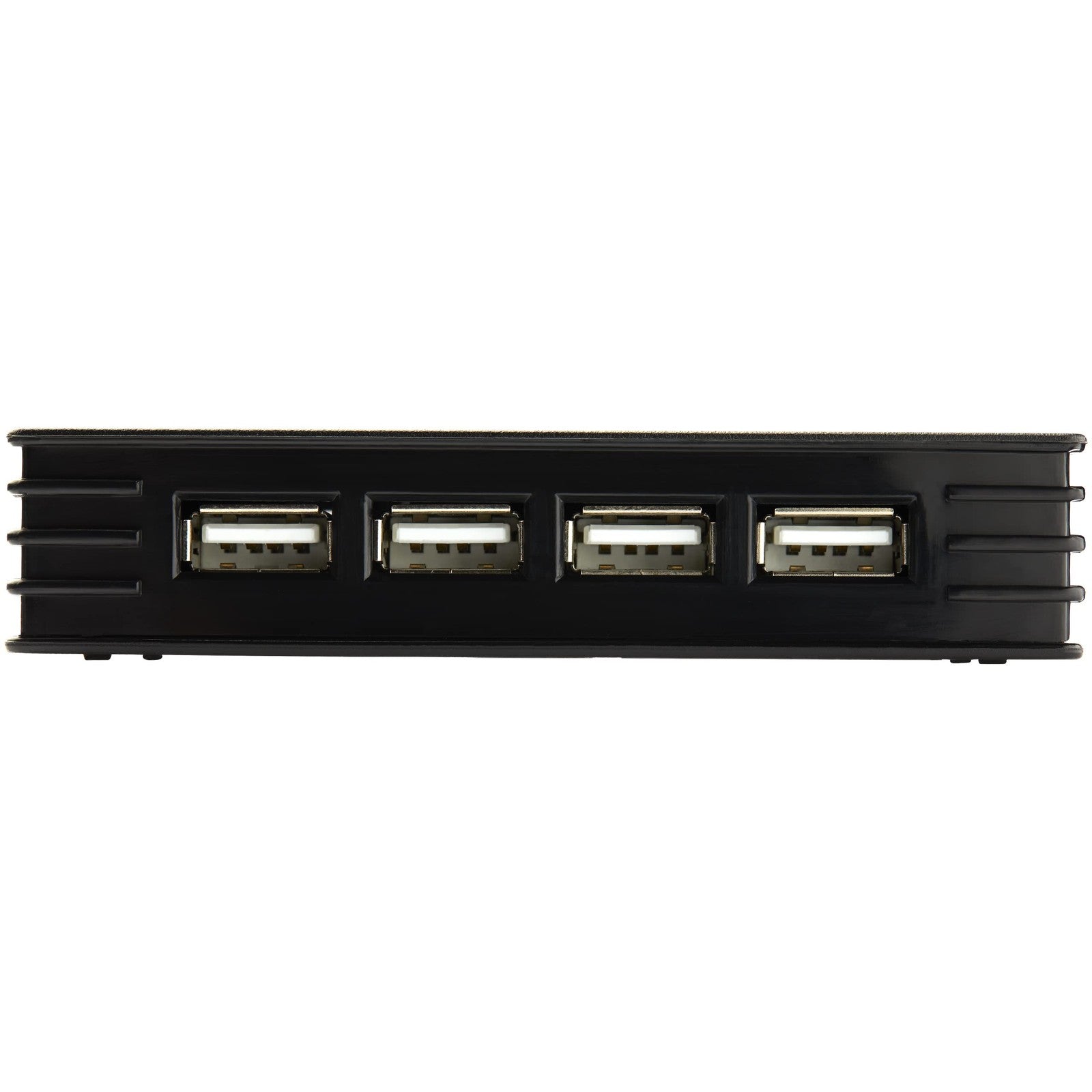 StarTech.com 4-port black USB 2.0 hub showing compact design with four ports and optional power adapter connection.