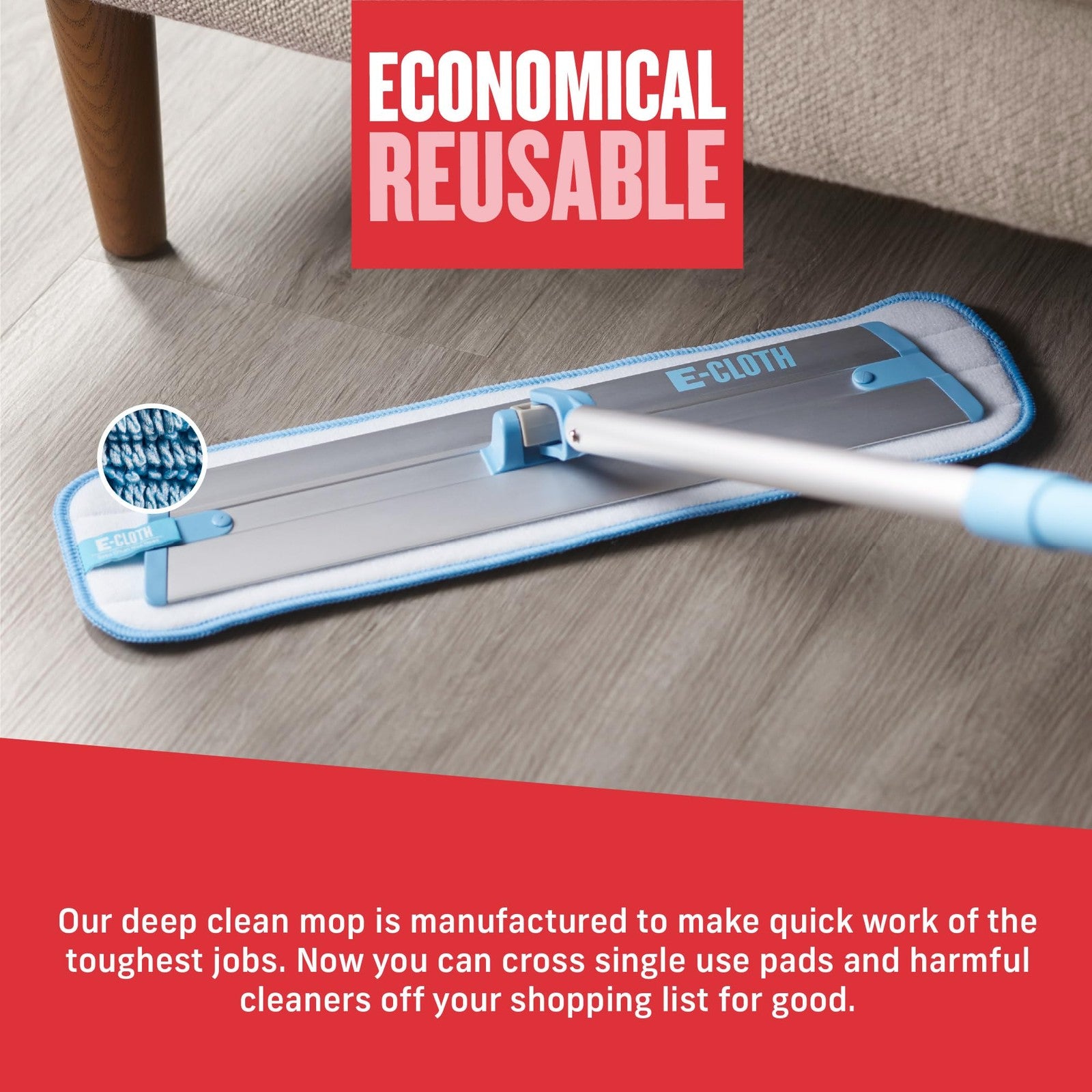 E-Cloth Deep Clean microfiber mop pad for hard floors, reusable cleaning pad with textured surface for effective home floor cleaning.