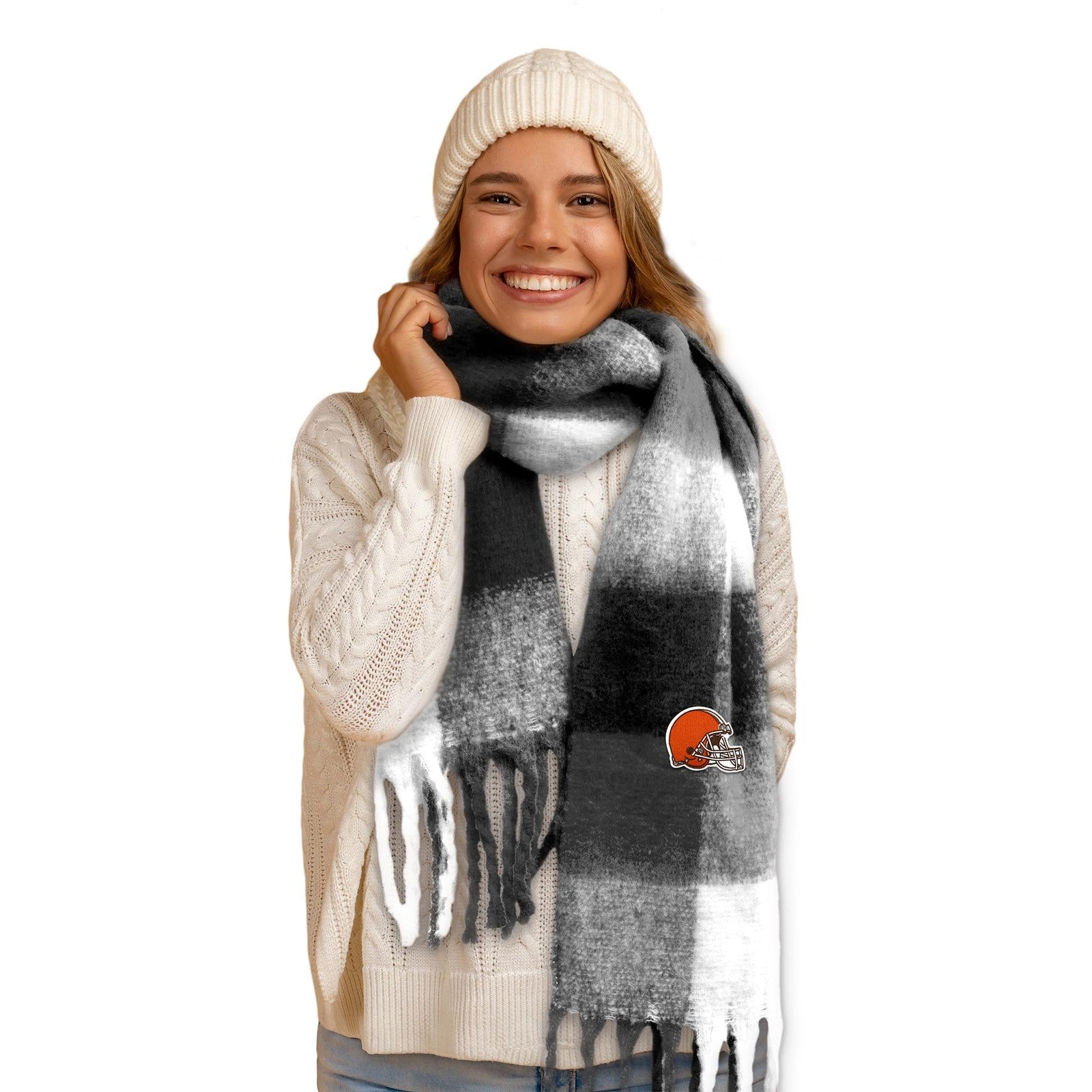 Littlearth NFL Cleveland Browns super soft scarf with team logo and brown and orange colors, cozy and stylish for game day.