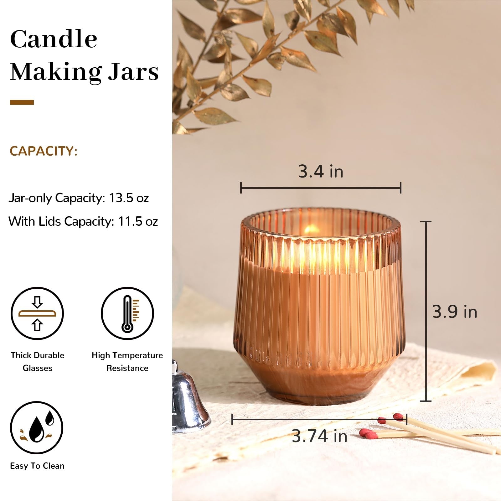 Six Simeitol 13 oz terracotta ribbed glass candle jars for making candles, shown with smooth, textured ribbed exterior.