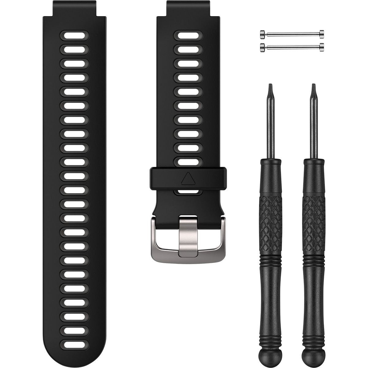 Black and gray Garmin replacement band for Forerunner 735XT smartwatch, featuring durable silicone material and adjustable strap.
