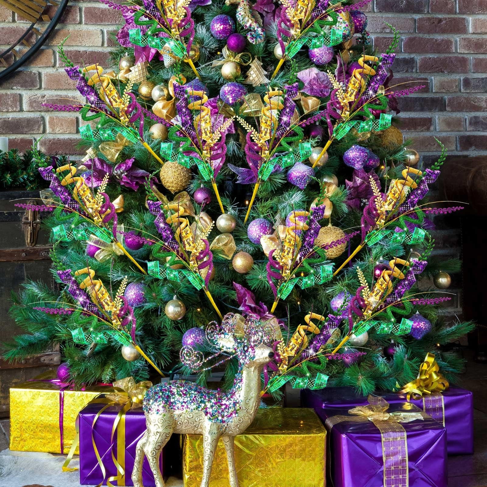 Zeyune Mardi Gras decoration picks set with purple and green themed table centerpieces, 17.7 inches tall, for festive celebrations.