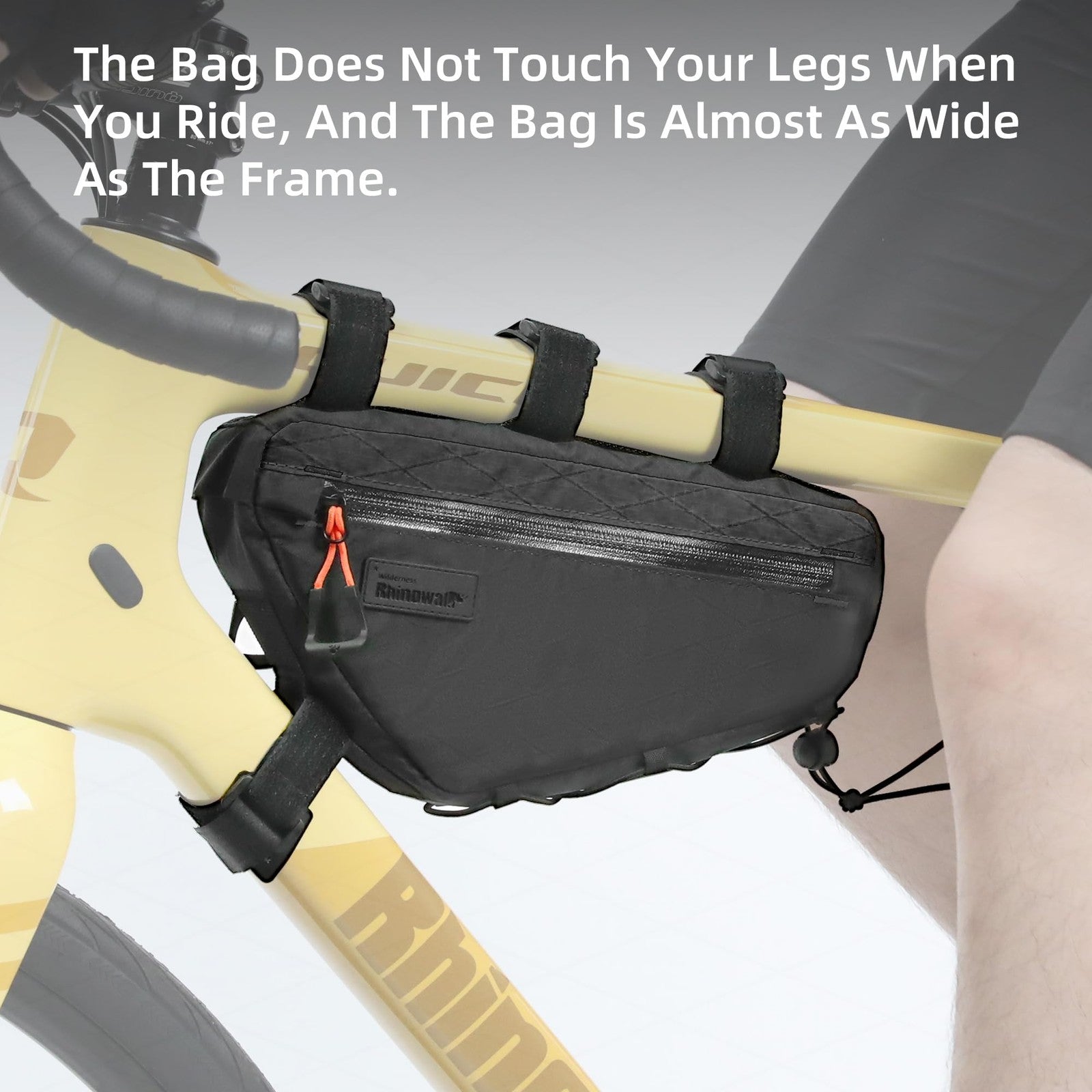 Rhinowalk waterproof bicycle frame bag mounted on a mountain bike frame, showing 1.7L capacity, nylon construction, and secure straps.