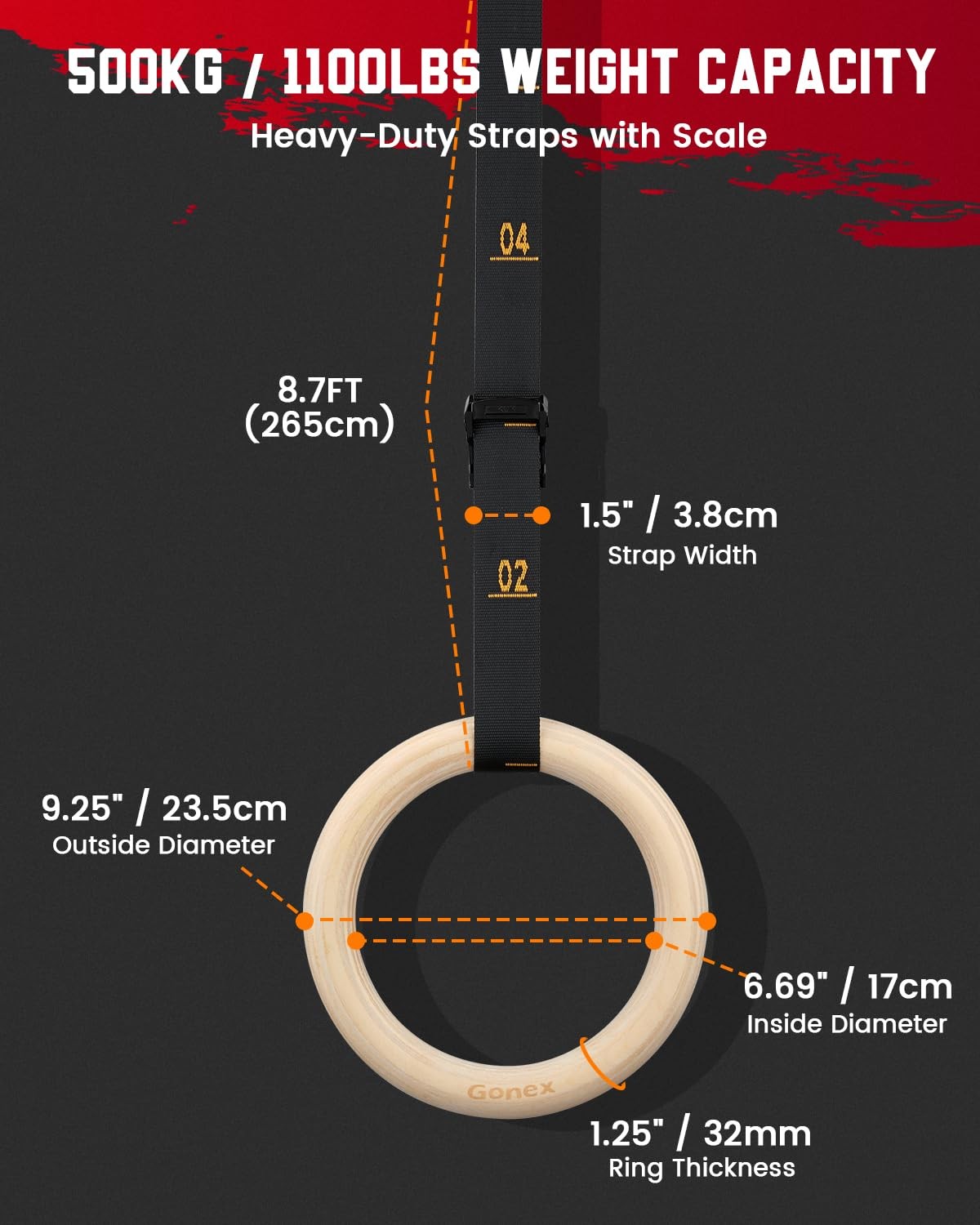 Gonex gymnastics rings with adjustable straps and cam buckle for workout pull-ups and strength training.