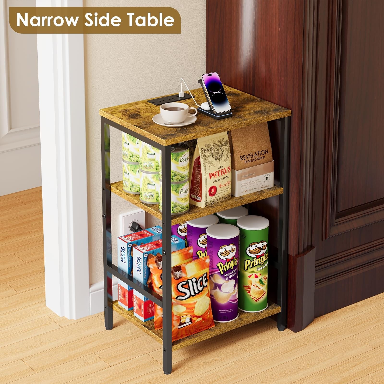 X-cosrack side table with charging station, USB ports, and outlets, featuring a modern wooden end table design with a sleek surface.