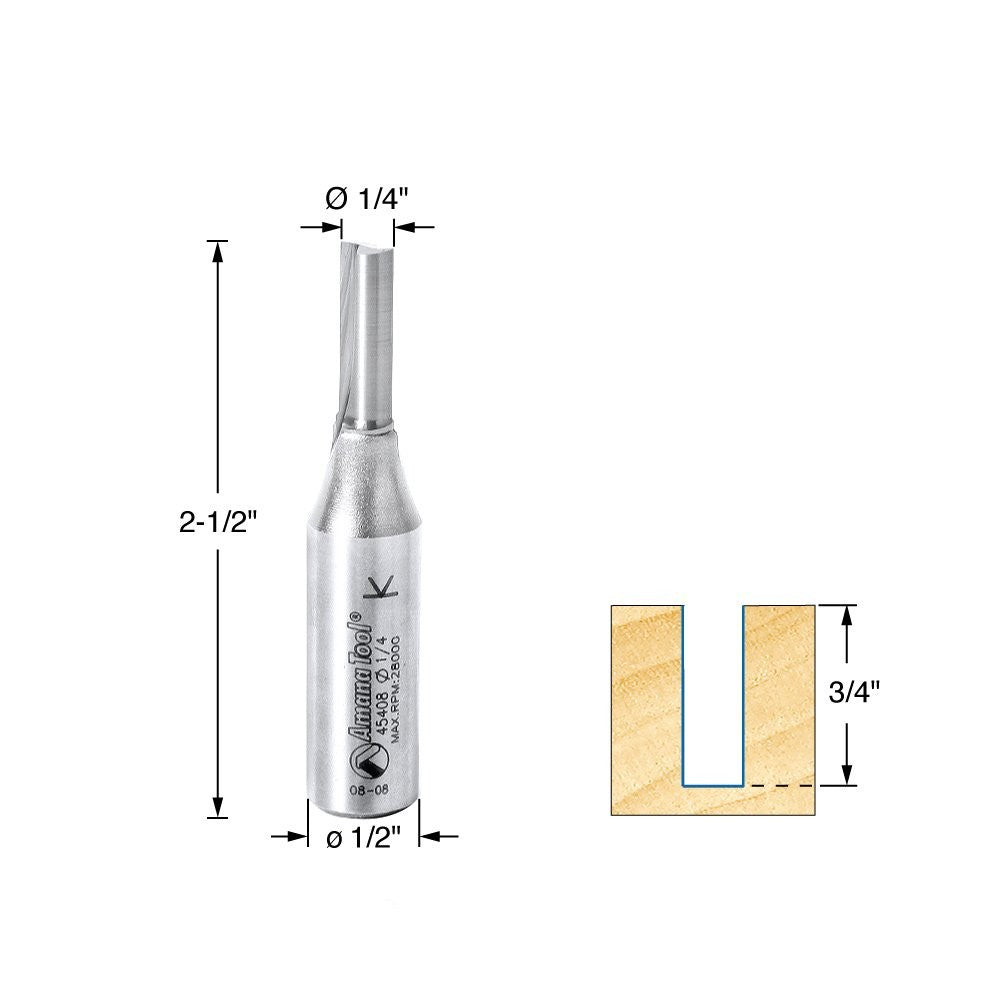 Amana Tool 1/4-inch straight plunge router bit with 3/4-inch diameter and 1/2-inch shank, designed for high production woodworking.