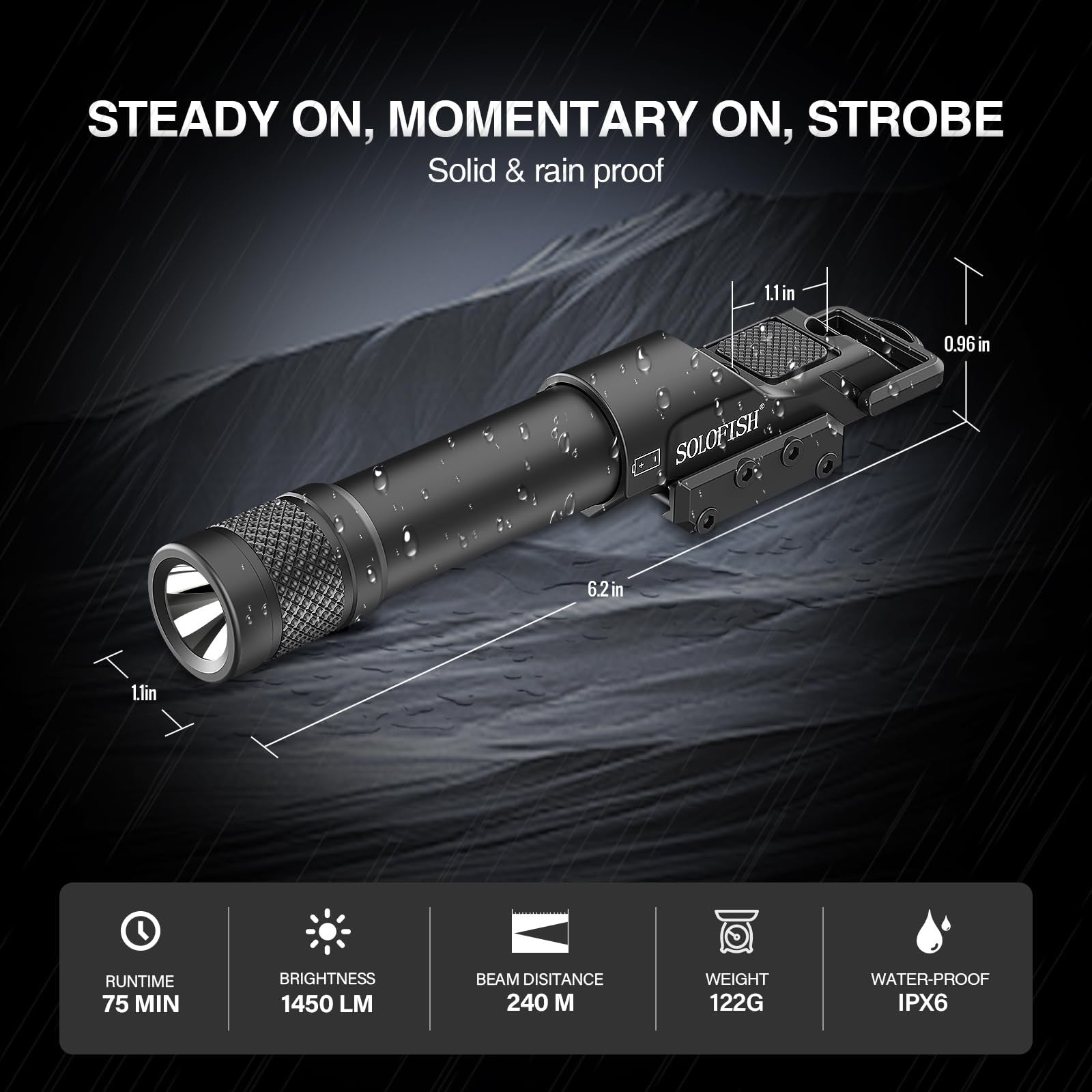 Solofish 1450lm aluminum flashlight with Picatinny/M-lok rail mount and included batteries, compact and durable for tactical use.