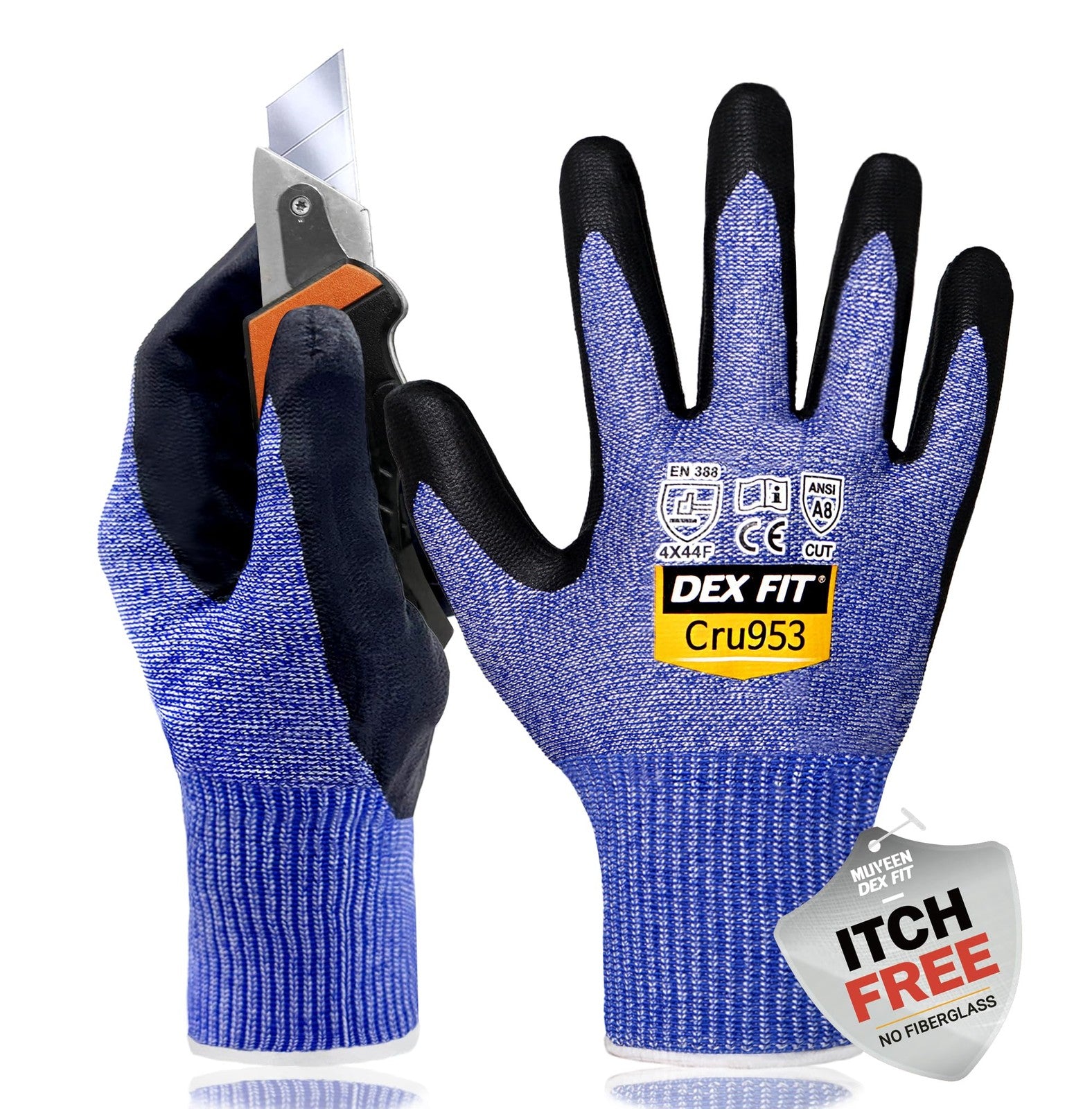 DEX FIT Cut Resistant Gloves Cru953 with tungsten protection, itch-free 3D design, Level A8 safety for hand protection.