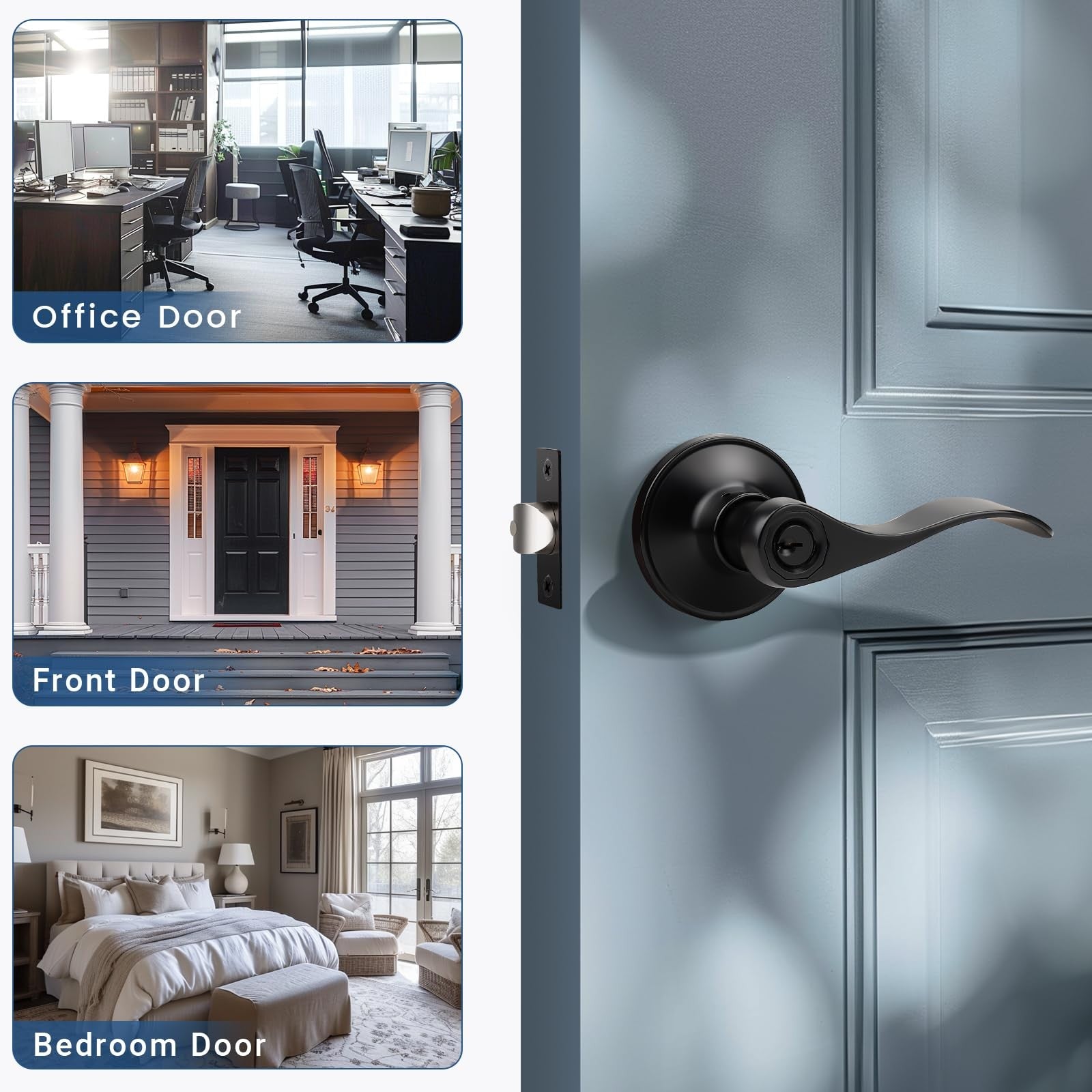 Knobonly 3-pack keyed alike matte black bathroom and bedroom door locks with front exterior handles and deadbolt mechanism